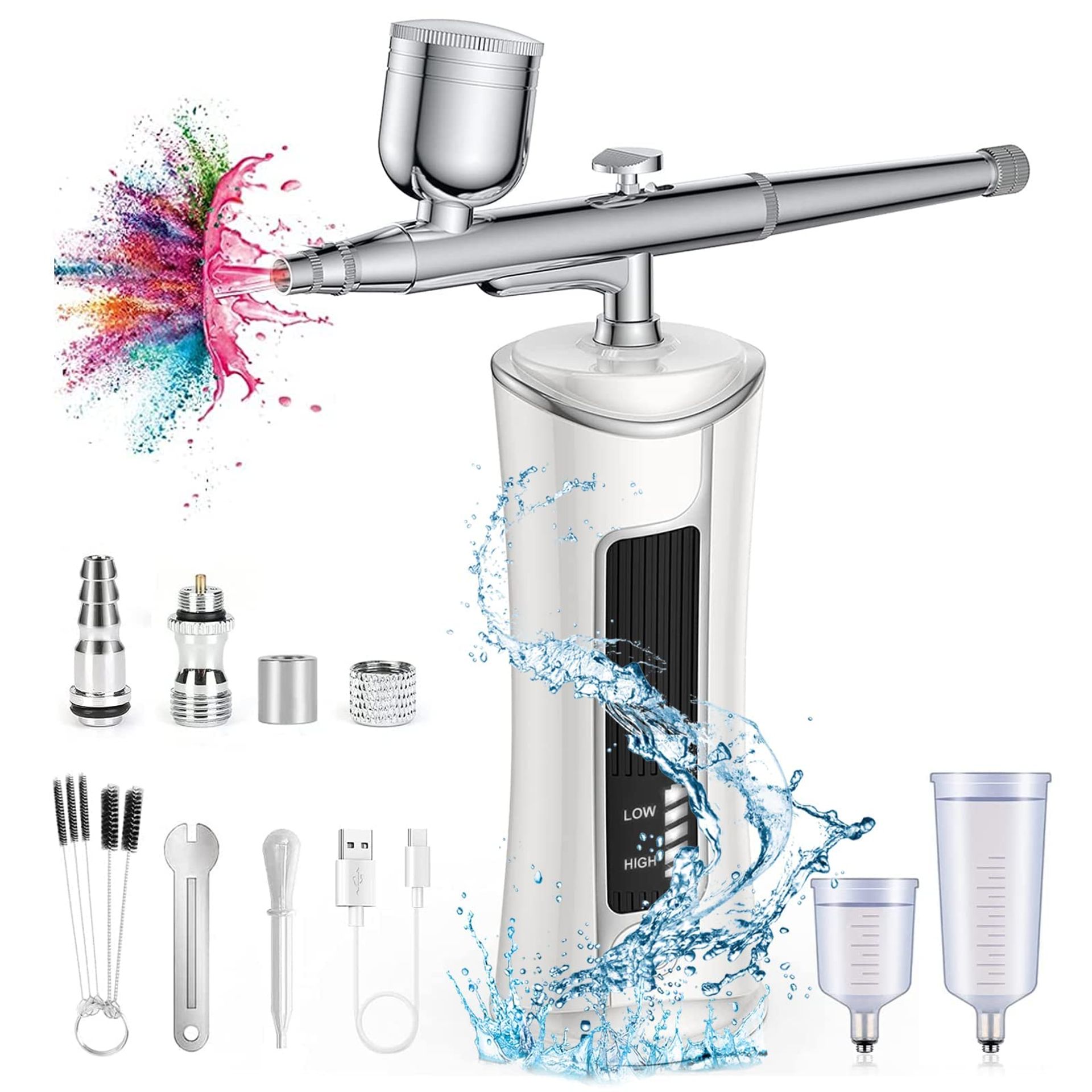 Cordless Airbrush Kit with Compressor & LED Display, 28 PSI Rechargeable Handheld Airbrush for Makeup, Cake & Model Painting - White