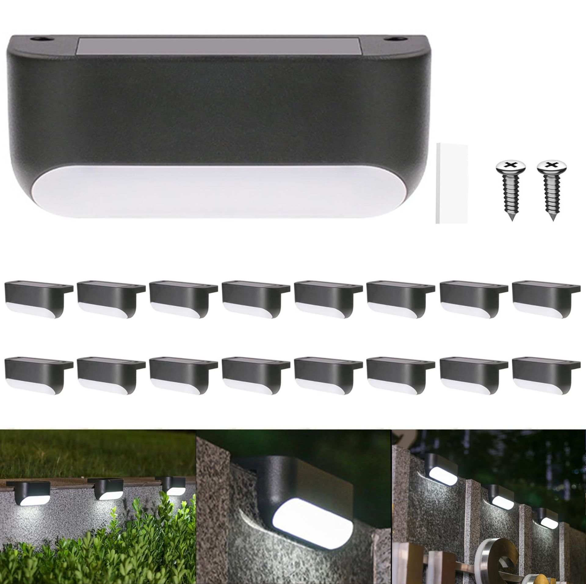 16 Pack White Solar Deck Lights Outdoor IP65 Waterproof LED for Stairs, Fence & Pathway