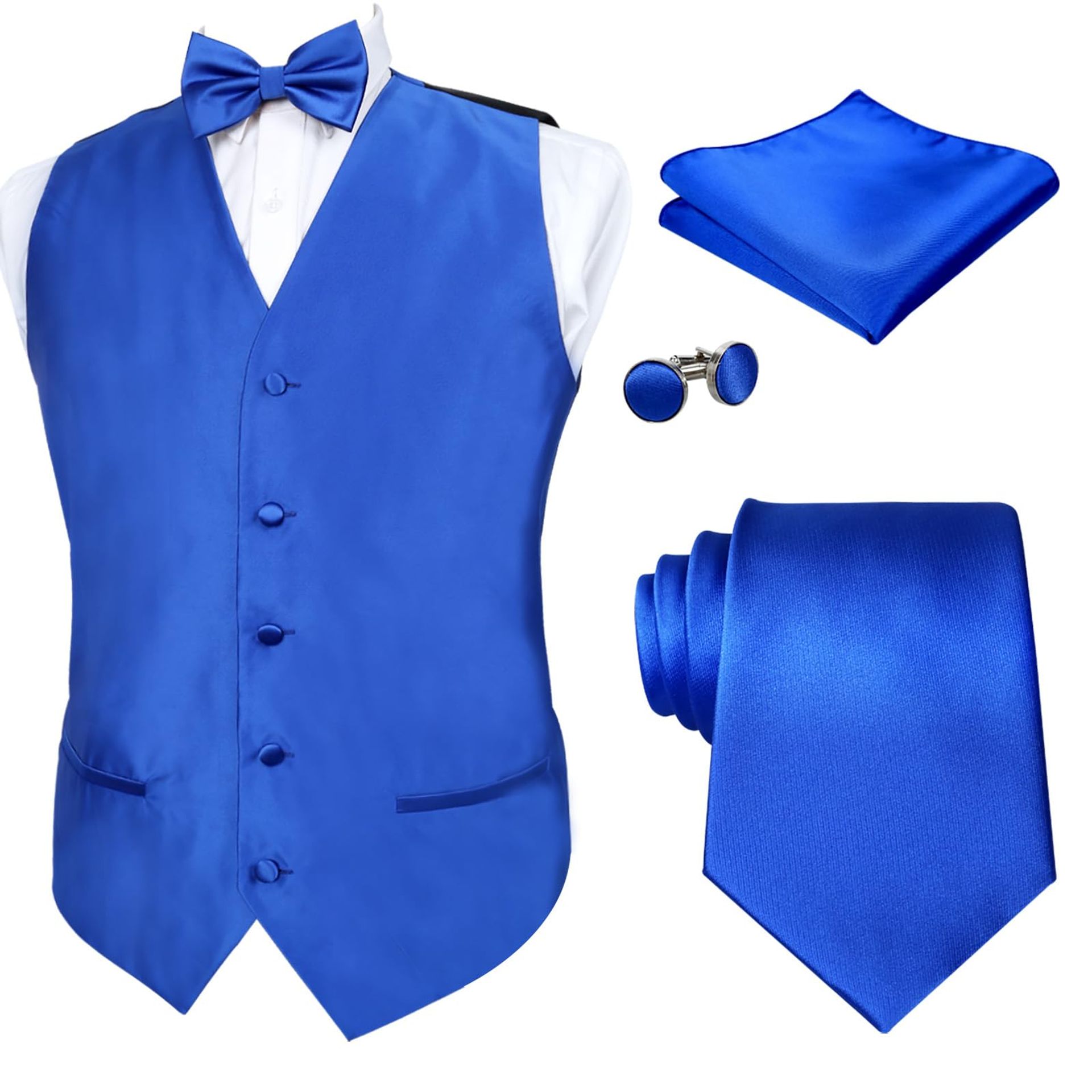 Men's 5 Piece Satin Waistcoat Set with Tie, Bow Tie & Pocket Square - Royal Blue, Size M