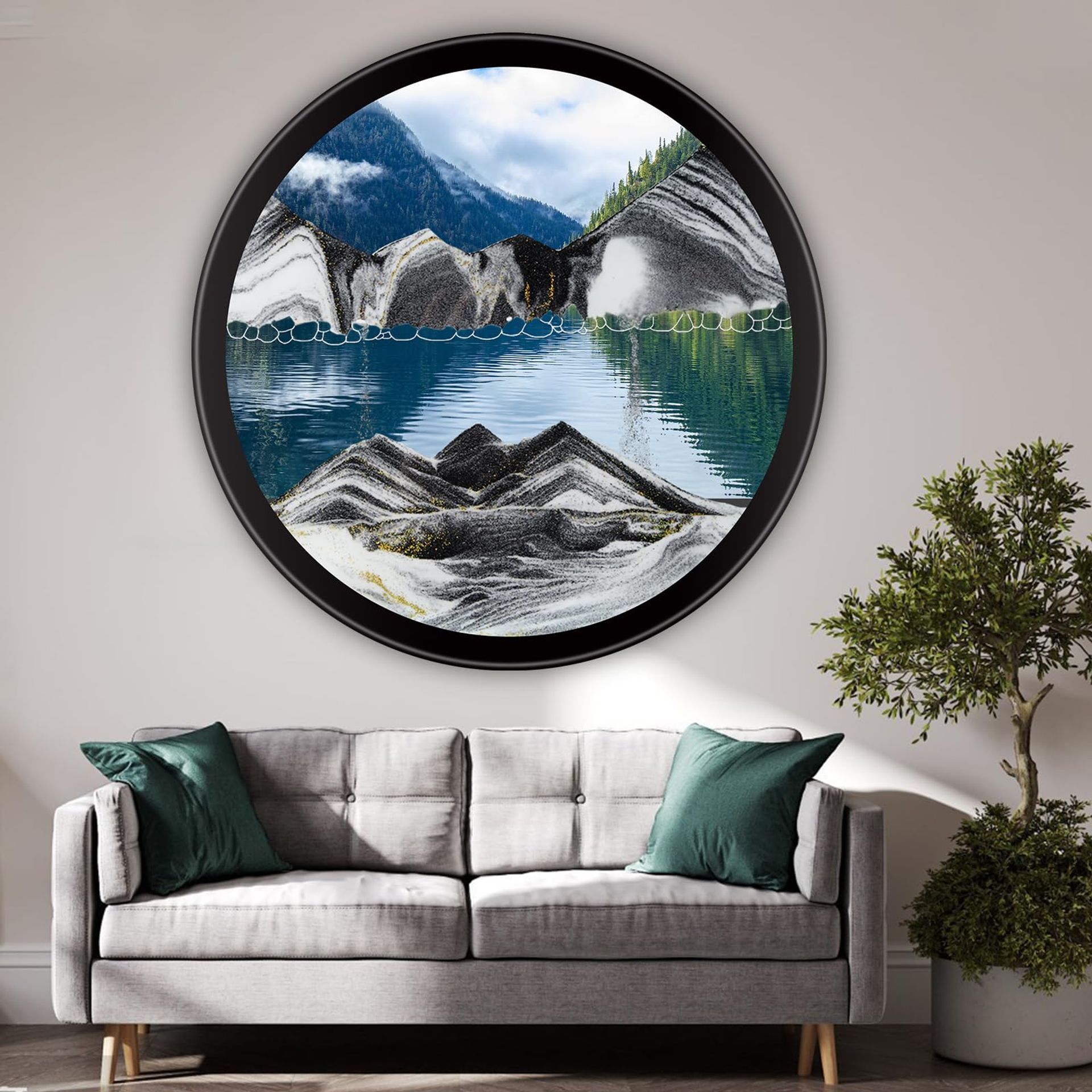 Moving Sand Art Picture Liquid Motion 3D Rotating Zen Wall Decor Sculpture - Yellow 44cm