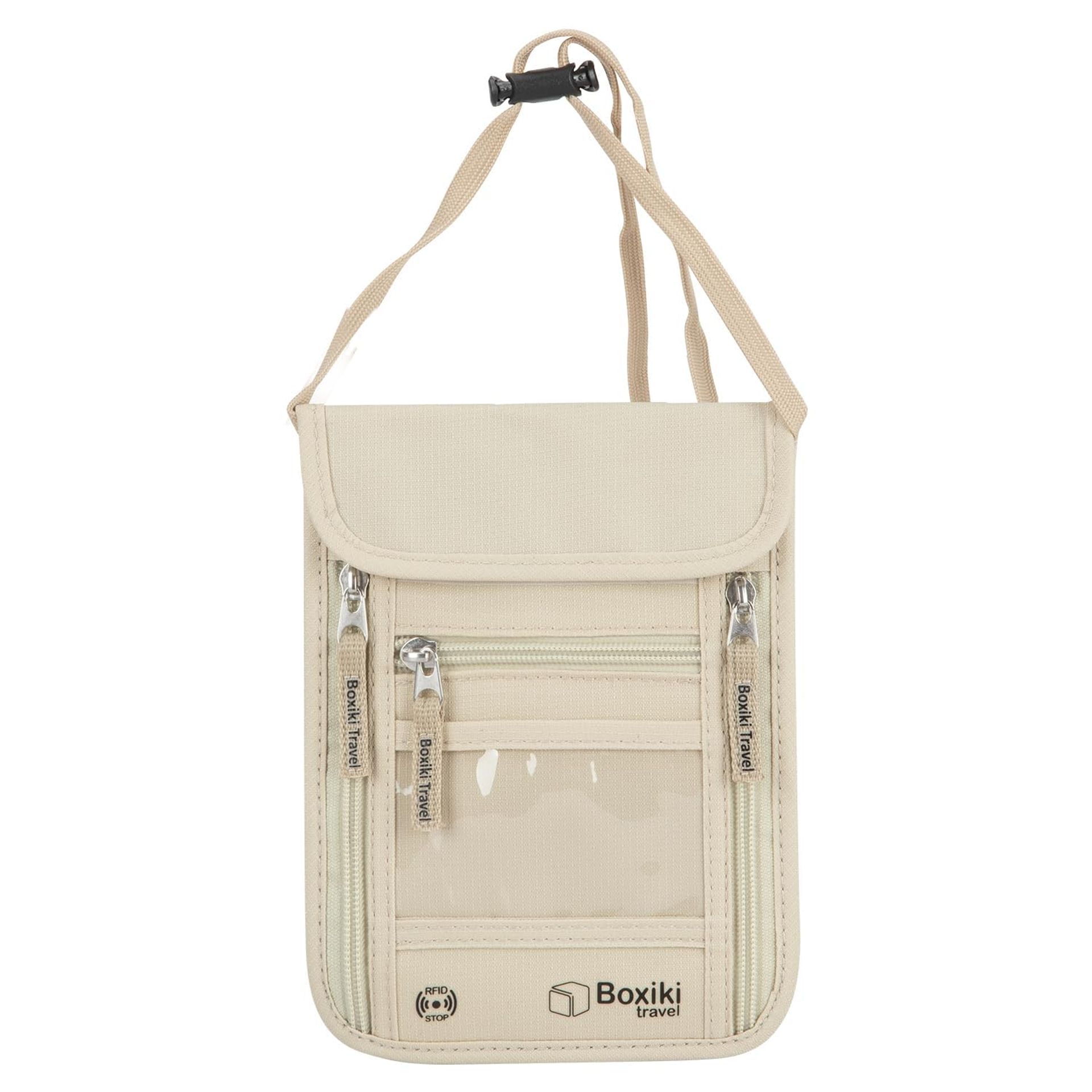 RFID Travel Neck Wallet Beige - Secure Passport Holder & Money Pouch with Adjustable Strap for Men & Women