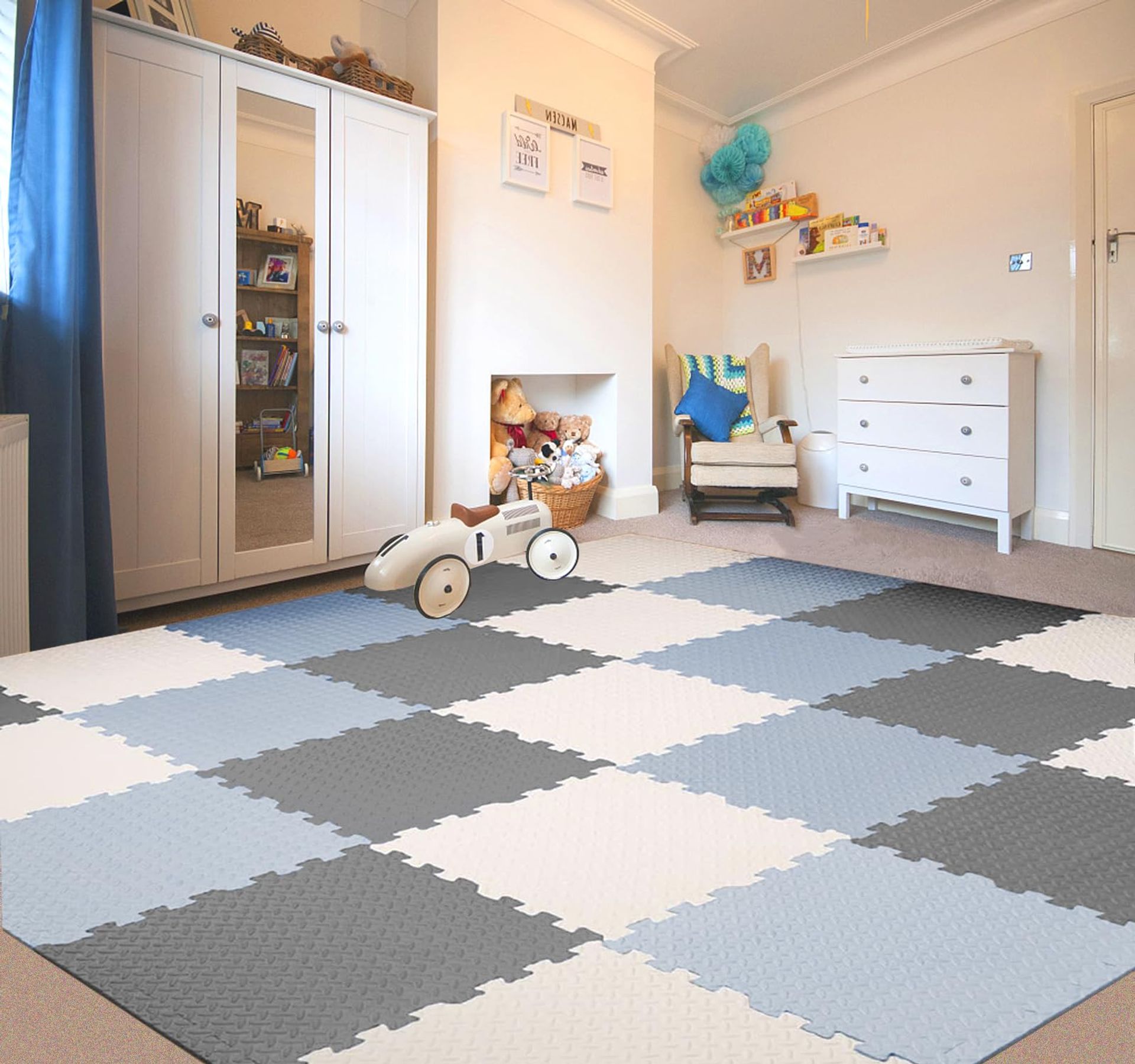 Linarun Non-toxic Baby Play Mat 9-Piece Interlocking Foam Tiles 30x30cm - Grey Blue Series