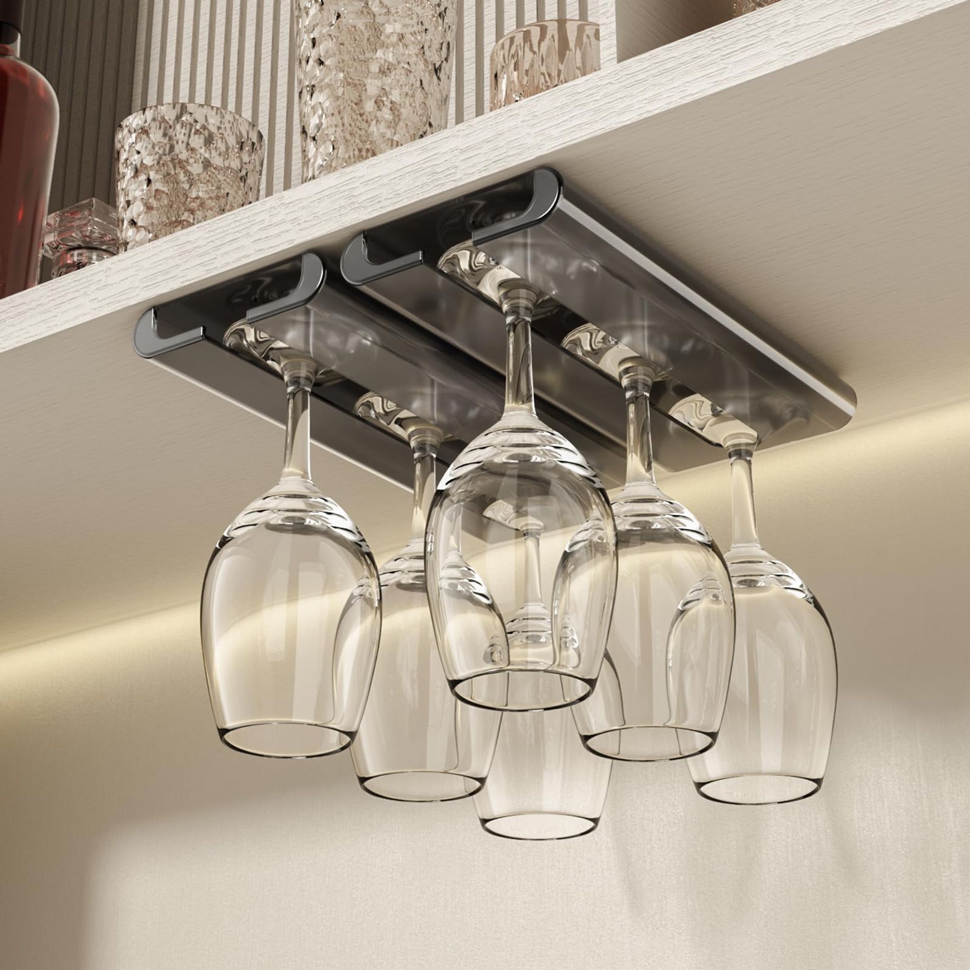 Cabinet Wine Glass Holder Set of 2 No-Drill Installation Stemware Rack with Adhesive & Screw Mounting Options for Kitchen and Bar - Grey 2 Pack