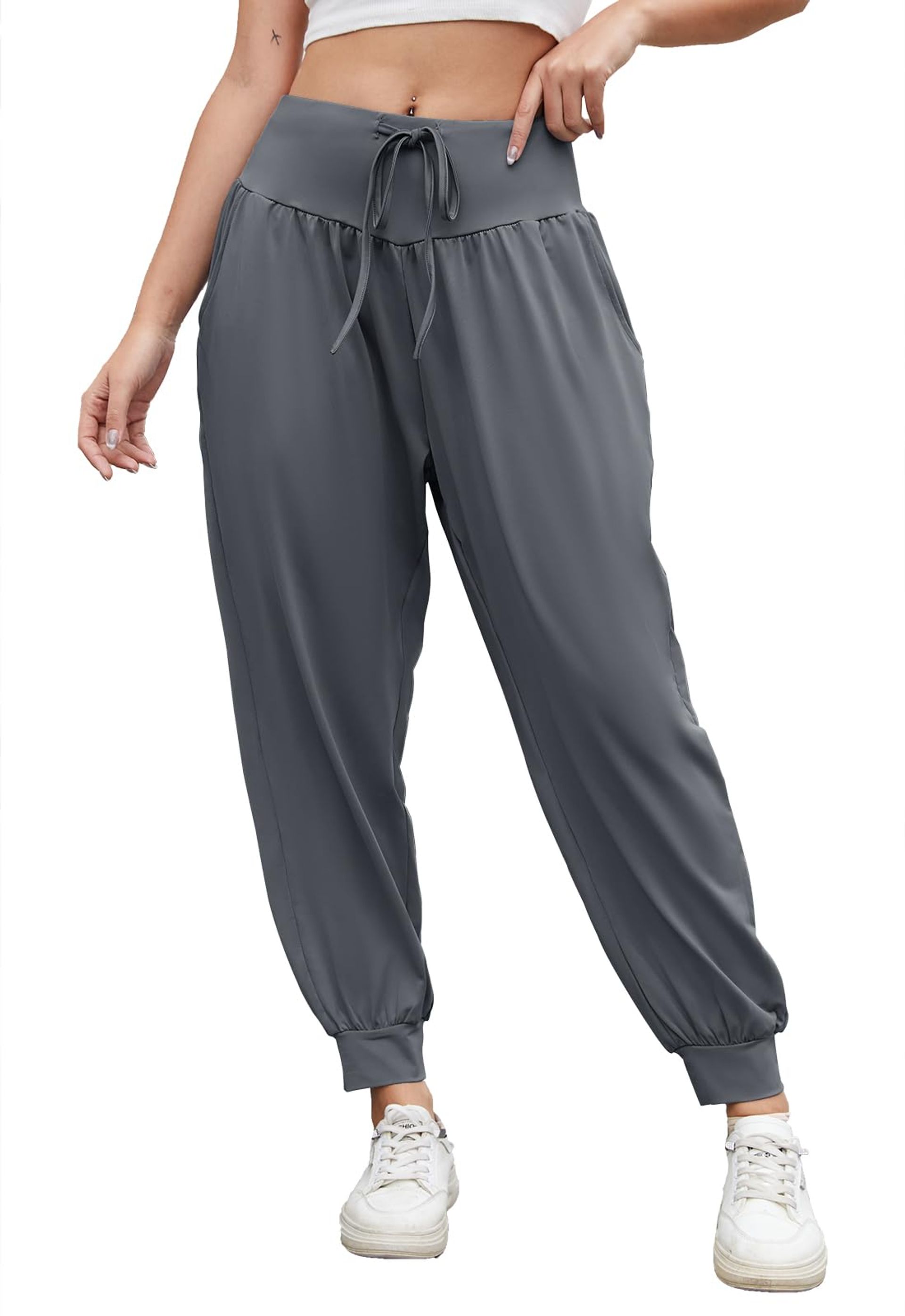 Women's High Waist Yoga Harem Pants – Soft Lounge Trousers with Pockets, Baggy Fit for Pilates, Yoga & Casual Wear – Grey L