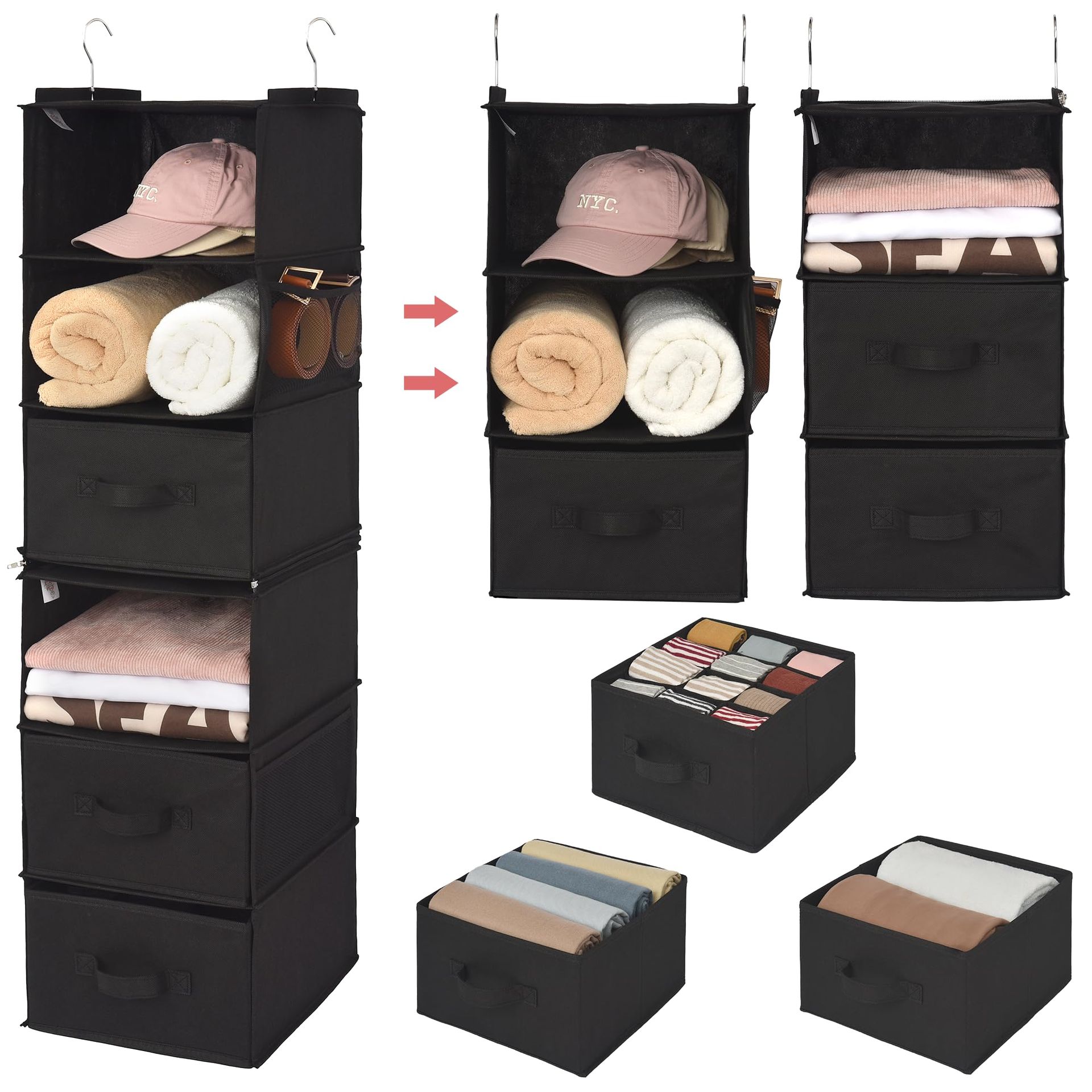 6-Shelf Hanging Wardrobe Organiser Separable with Drawers & Side Pockets - Black Separable