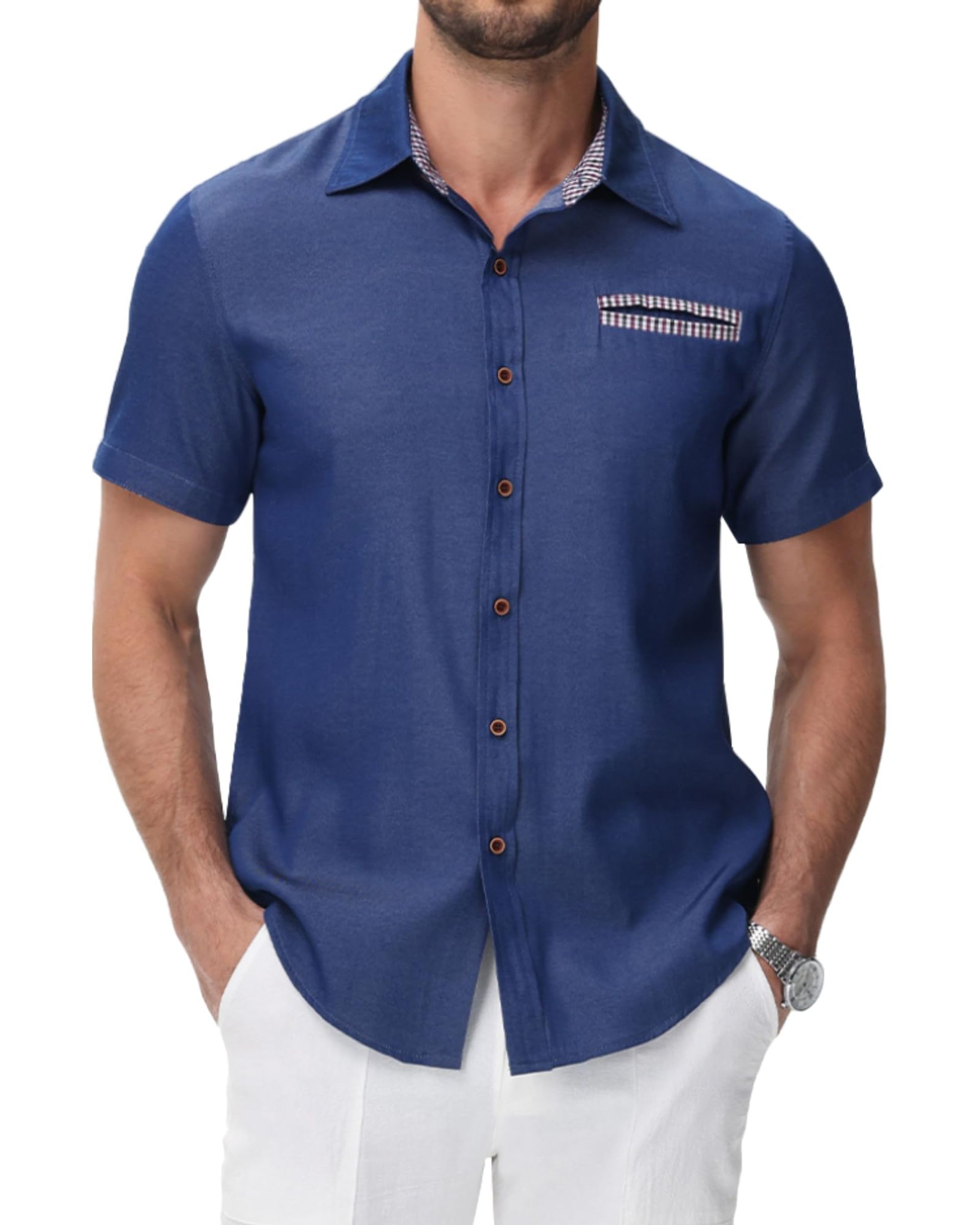 Men's Short Sleeve Shirt Regular Fit Button Up Business Casual Top - Blue XL