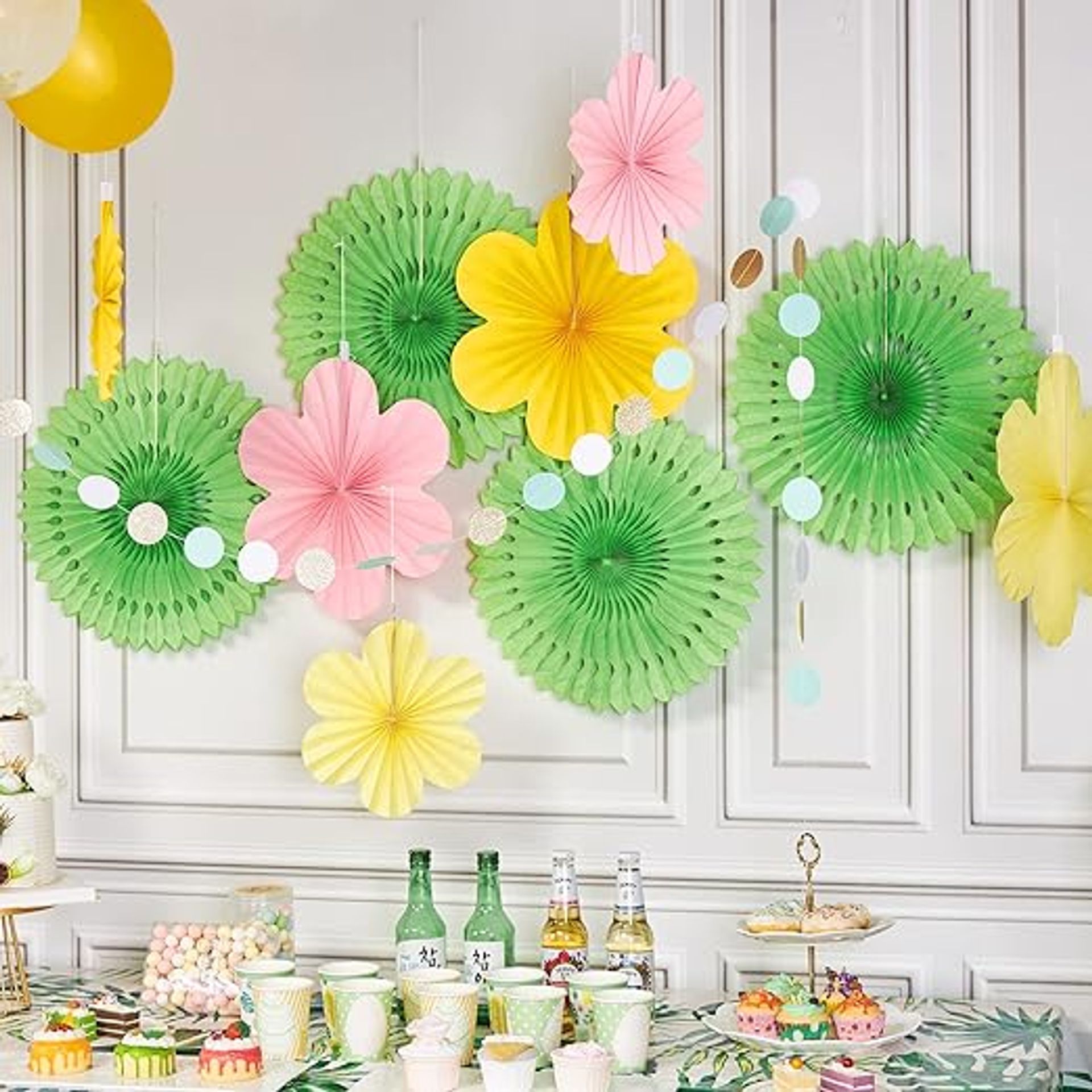 Mint Green & Pink Paper Fans Decorations for Parties - Easy Joy Floral Backdrop for Baby Showers & Birthdays