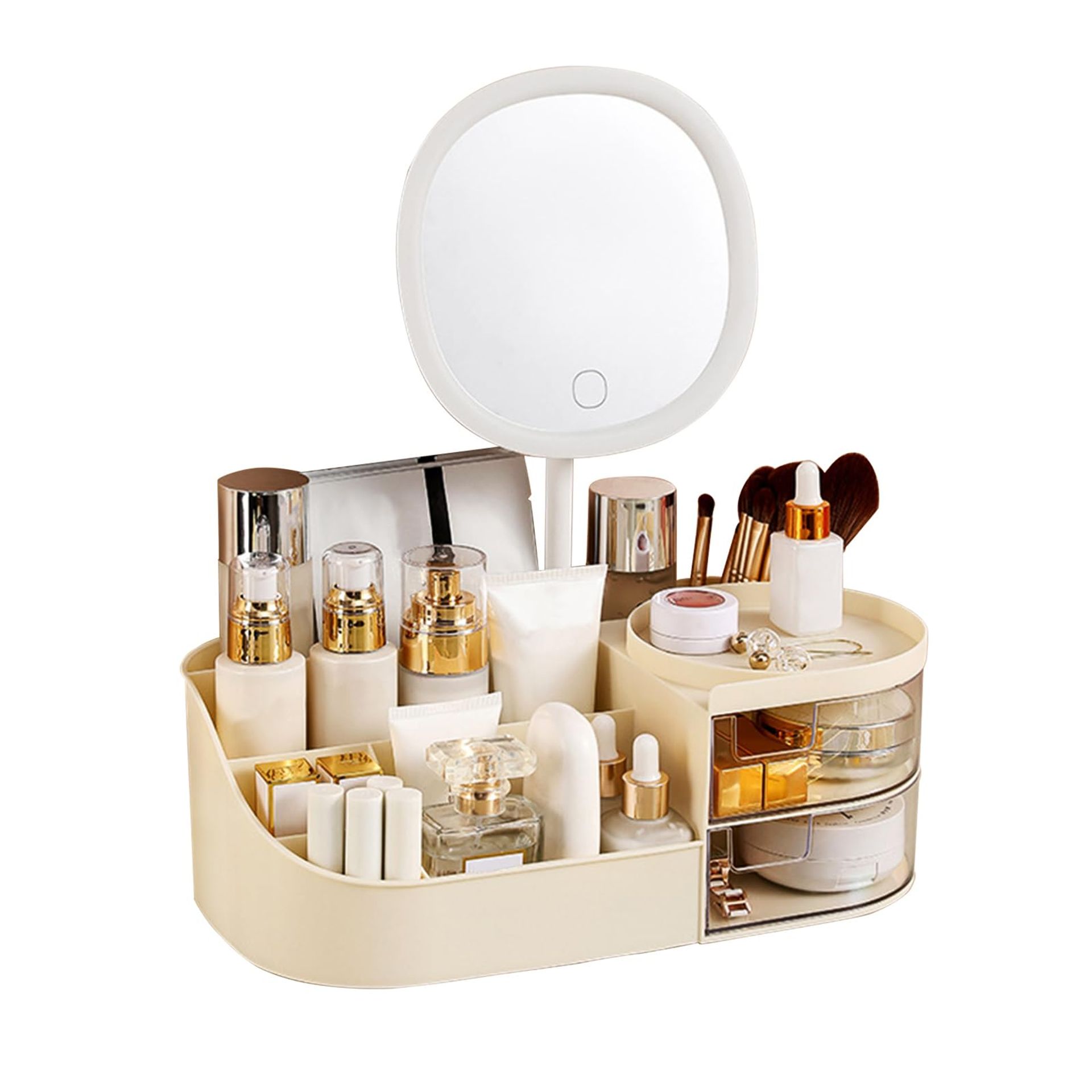 Makeup Organiser with Rechargeable Mirror 2 Drawers Large Capacity Cosmetic Storage Box for Dressing Table or Bathroom - Cream H1084