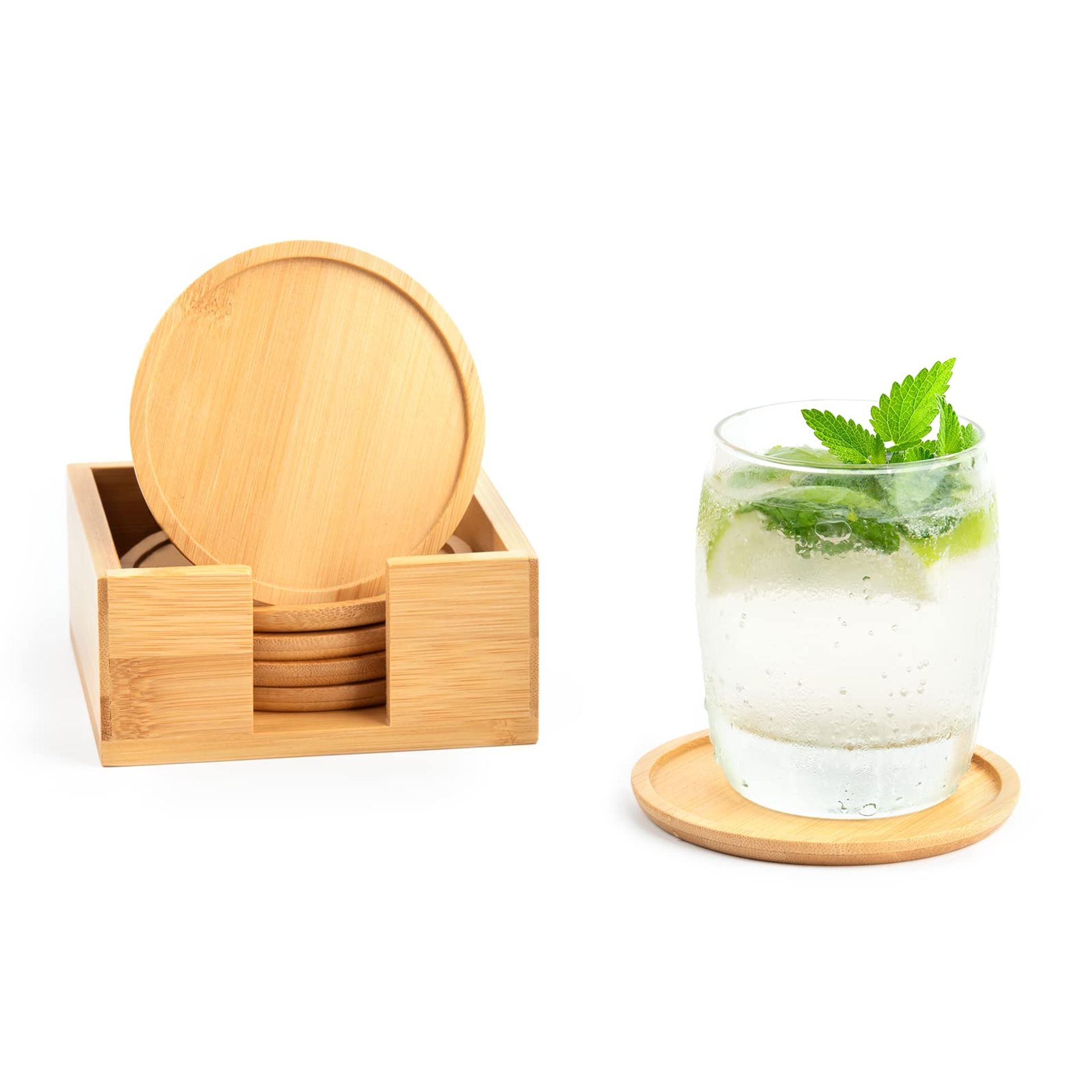 Rainsworth Bamboo 10cm Coasters, Set of 6 Round Drinks Coaster Mat for Coffee Beer Mug Wine Glass Bottle, Protection Tabletop, Warm Gift for Home & Office Decor