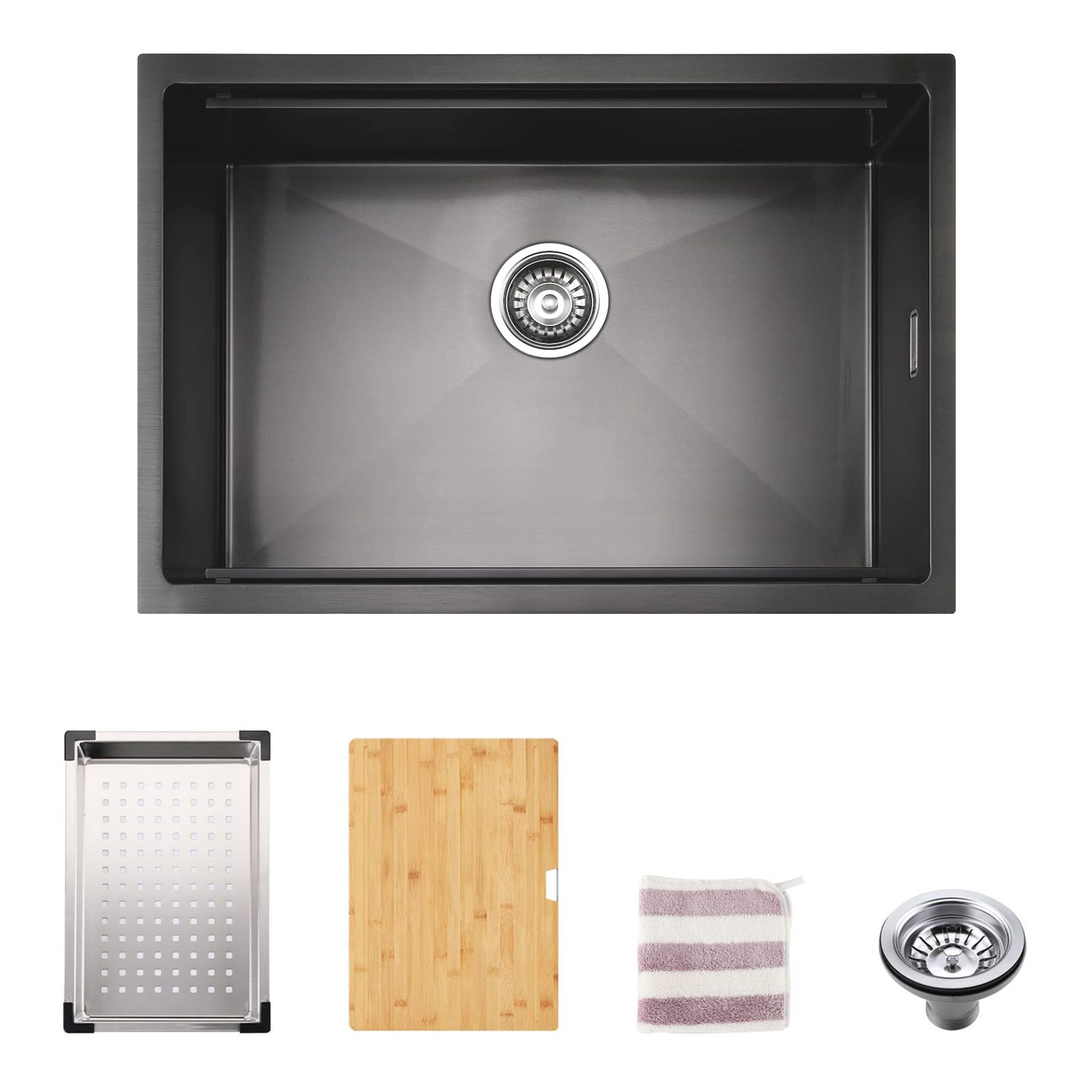 Undermount Single Bowl Workstation Kitchen Sink with Chopping Board & Drainer, 1.2mm Stainless Steel Gunmetal Nano Coating - Gunmetal Black 66 x 45 x 23 cm