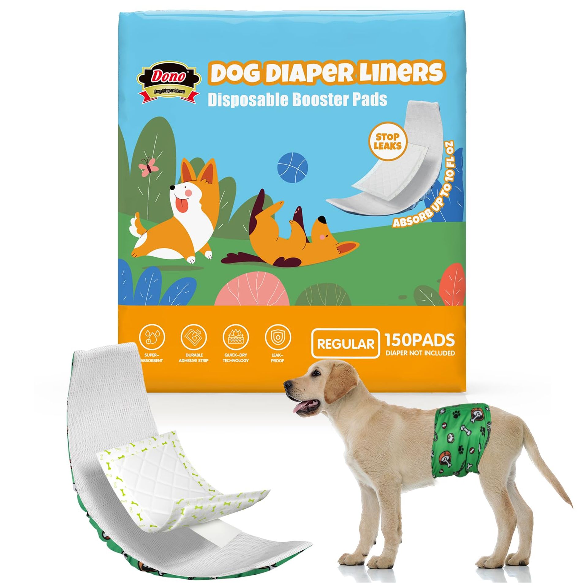 Dog Nappy Liners Disposable Incontinence Pads for Belly Bands and Pants, Super Soft and Absorbent for Dogs in Heat or Travel - Green Cartoon Bone Pattern Regular 150 Count