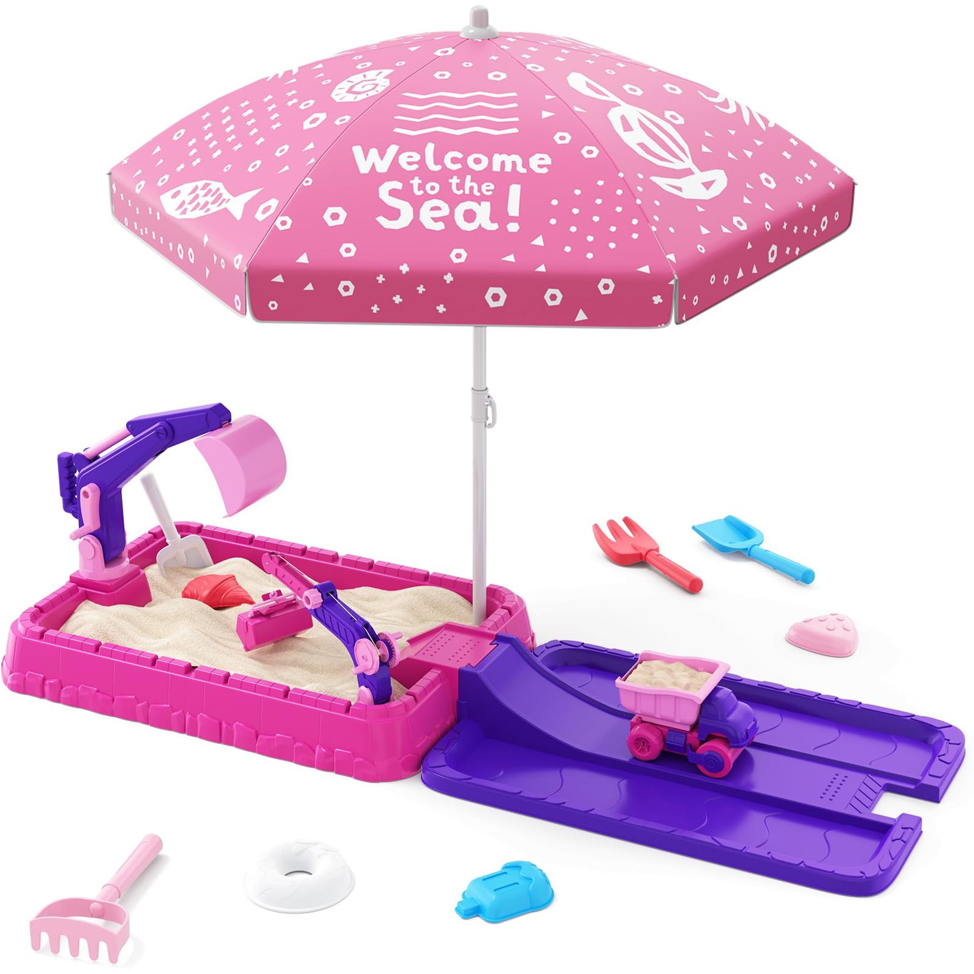 Kids Sandbox with Digger Excavator Sand Pit Lid Parasol and Construction Toys - Pink 39.3 Inches