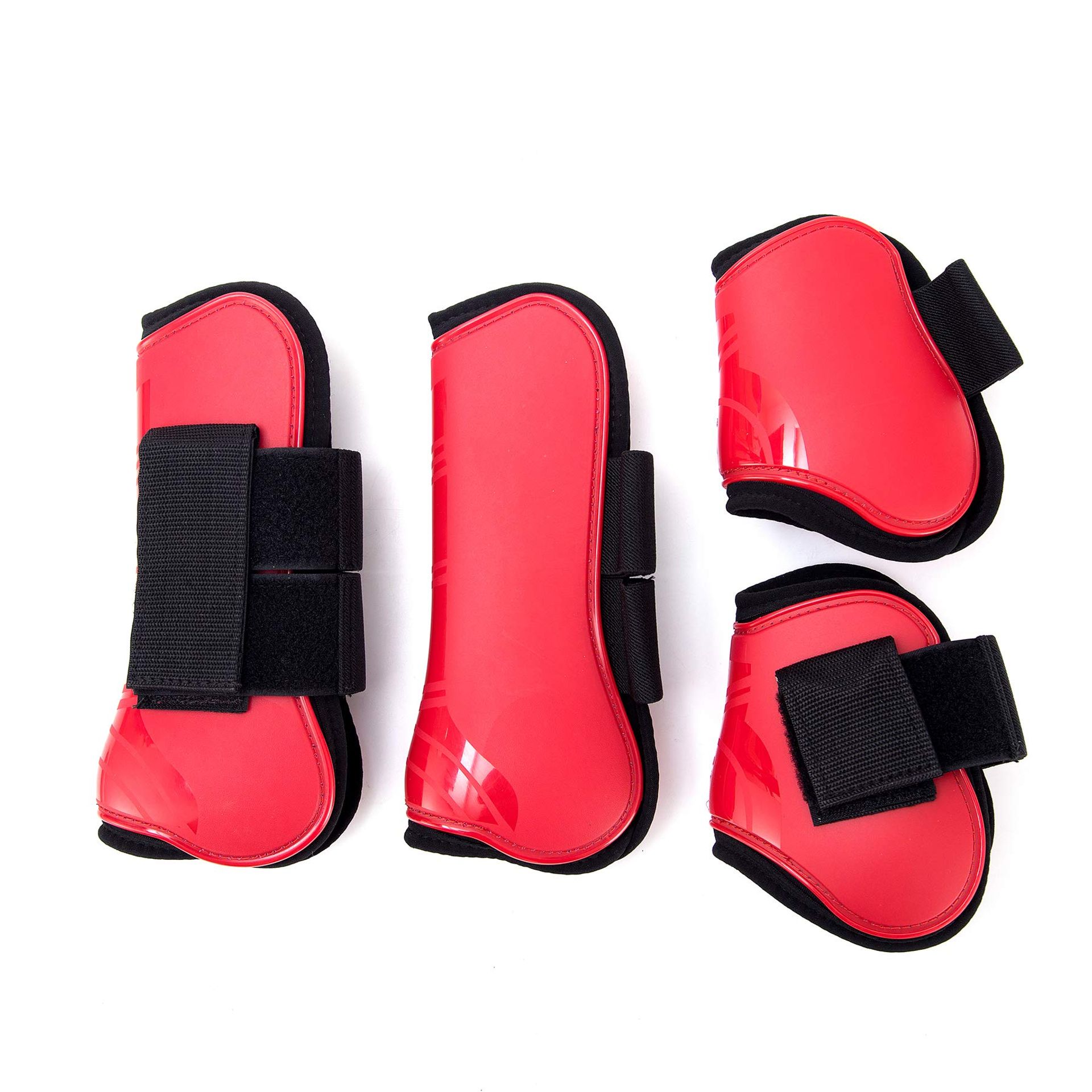 Horse Tendon Boots Set of 4 Impact-Resistant PU Shells with Soft Neoprene Lining and Adjustable Velcro Fastening - Red M