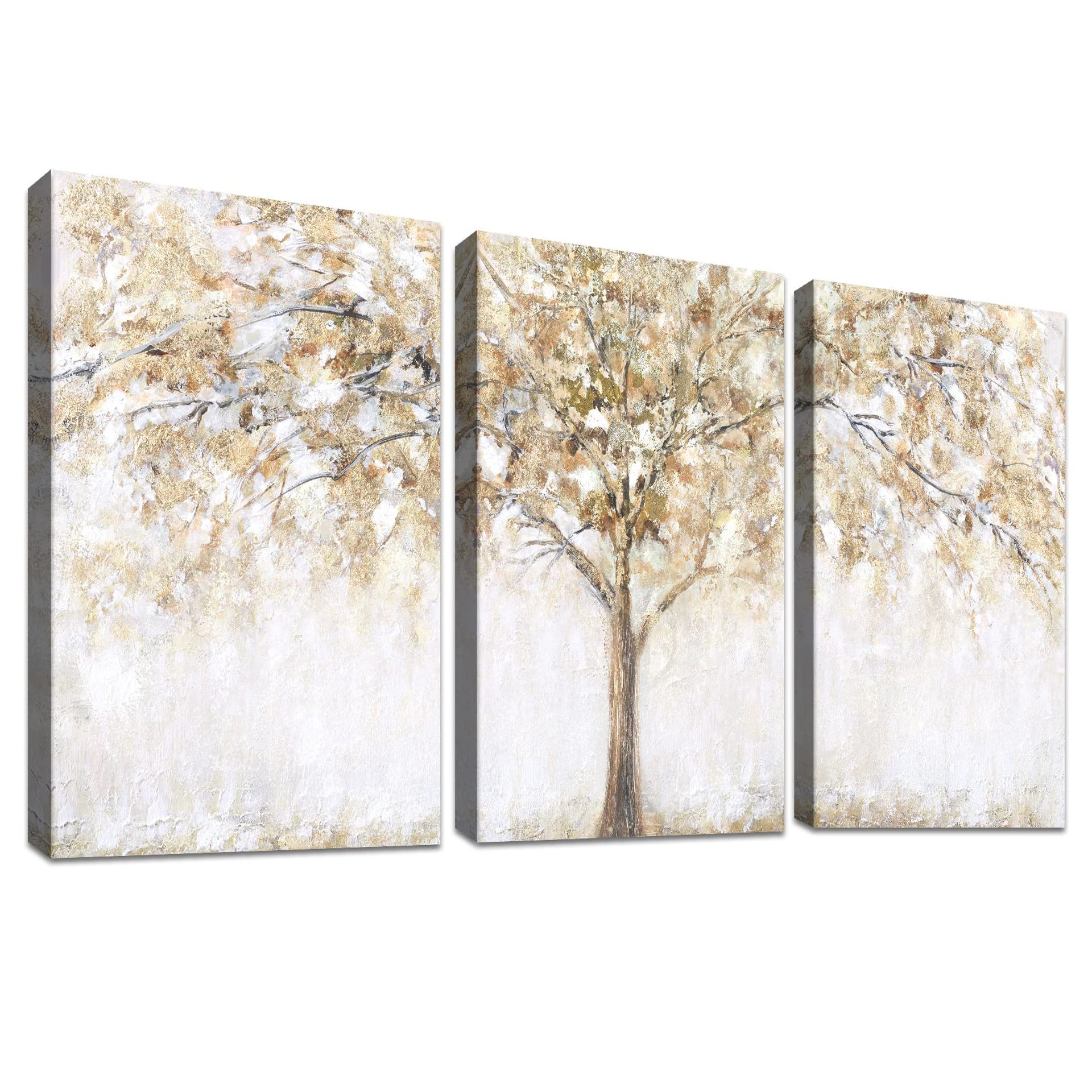 3 Panel Tree of Life Canvas Wall Art - Beige Abstract Wooden Frame Prints for Living Room, Bedroom & Office Décor - Spring Refresh