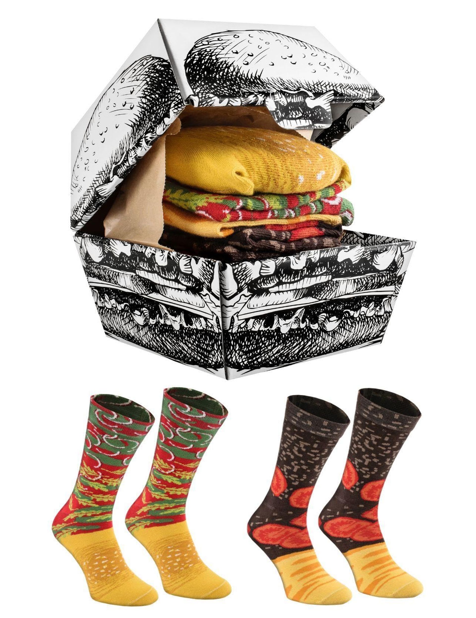 Rainbow Socks - Men Women Funny Burger Socks Box - 2 Pairs - Size UK 4-7 EU 36-40