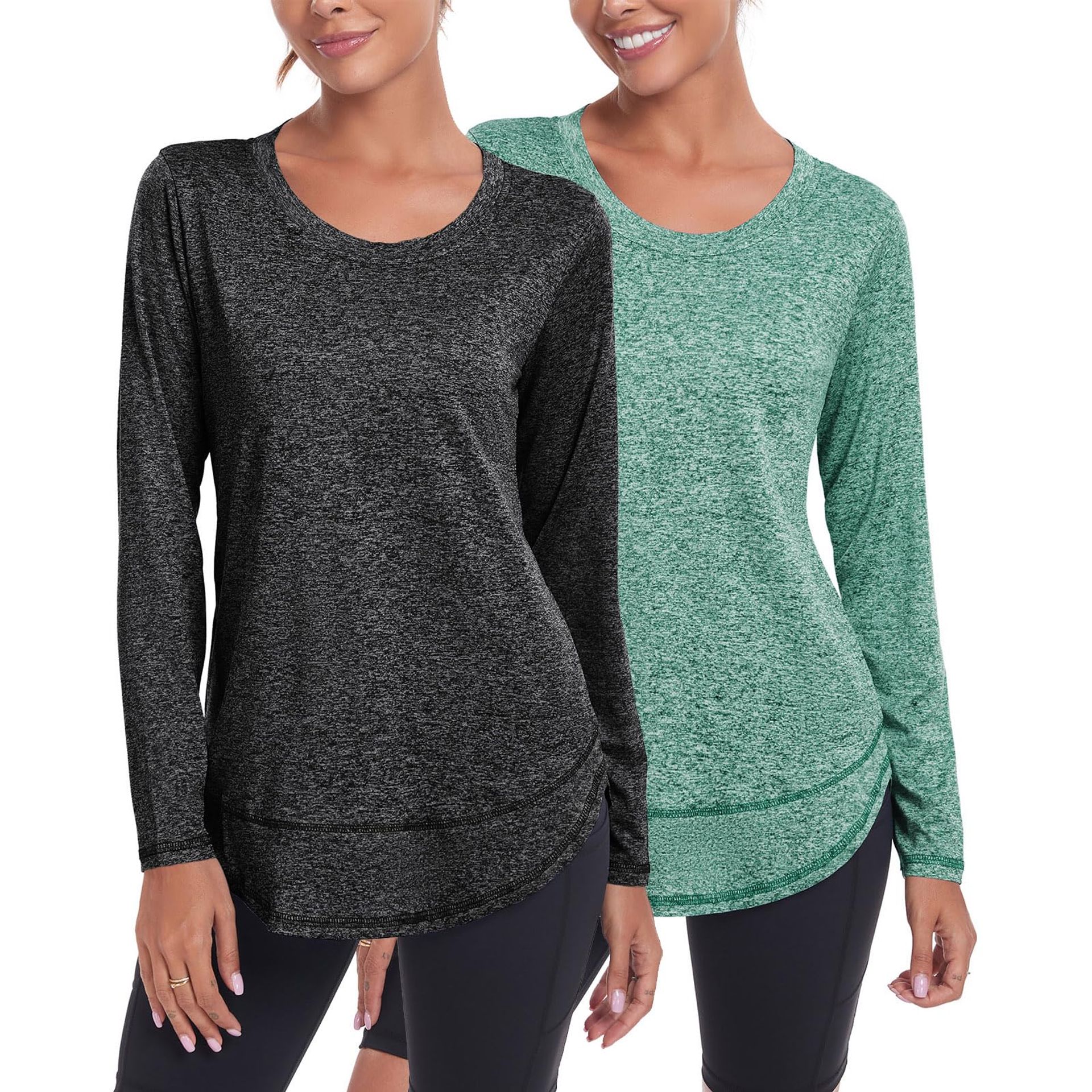 Women's Long Sleeve Sports Top Quick Dry Yoga Gym Workout T-Shirt Crew Neck - Black+Green S