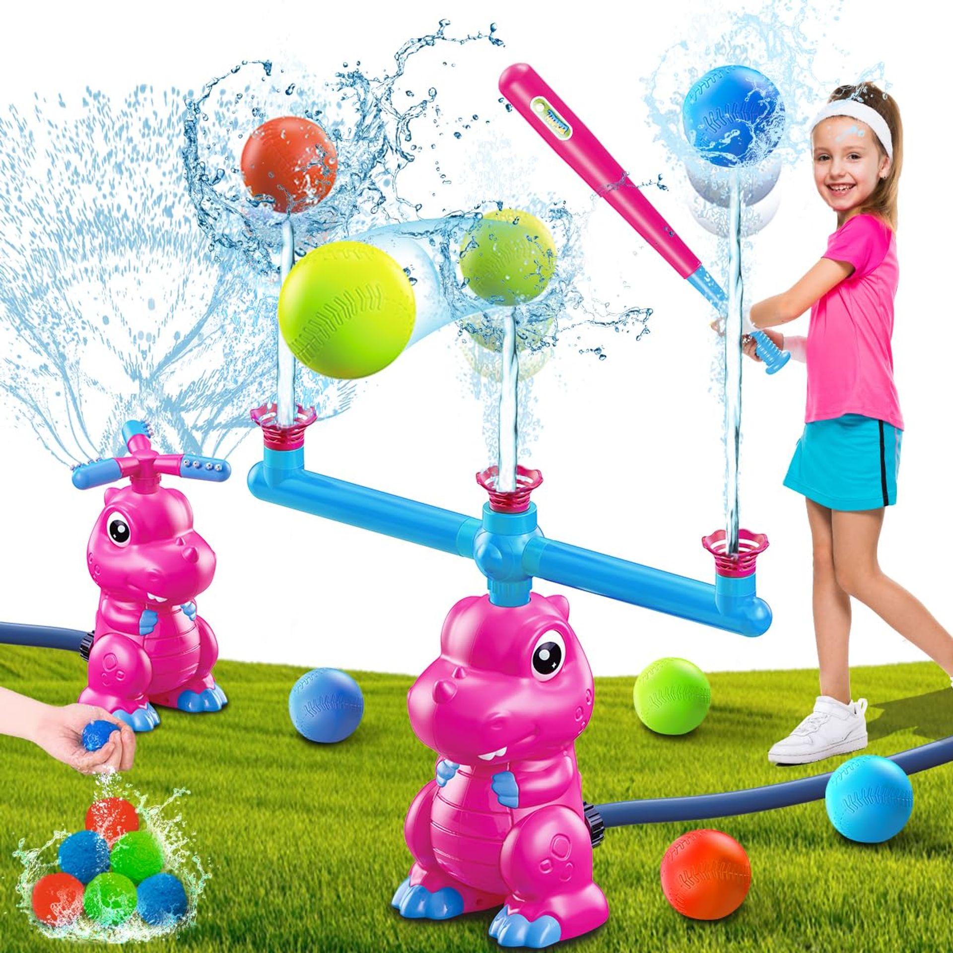 3-in-1 Dinosaur Water Sprinkler Baseball Toy 360° Rotating Outdoor Splash Game for Kids Summer Fun - Pink Dinosaur Standard
