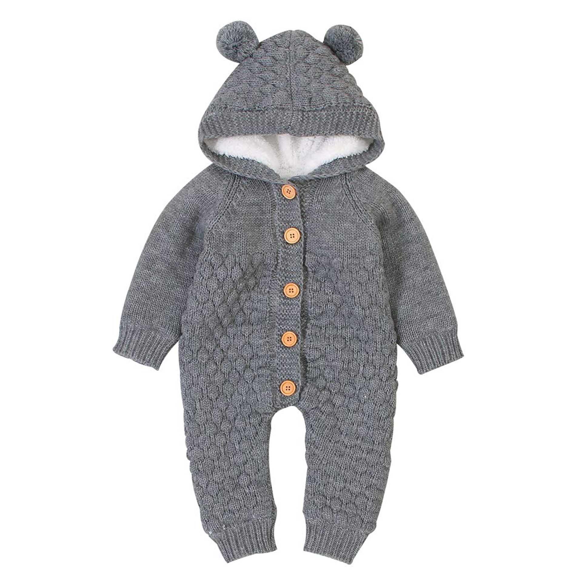 Baby Hooded Knitted Romper Soft Acrylic Jumpsuit Button Front Warm Outfit - Grey 3-6 Months