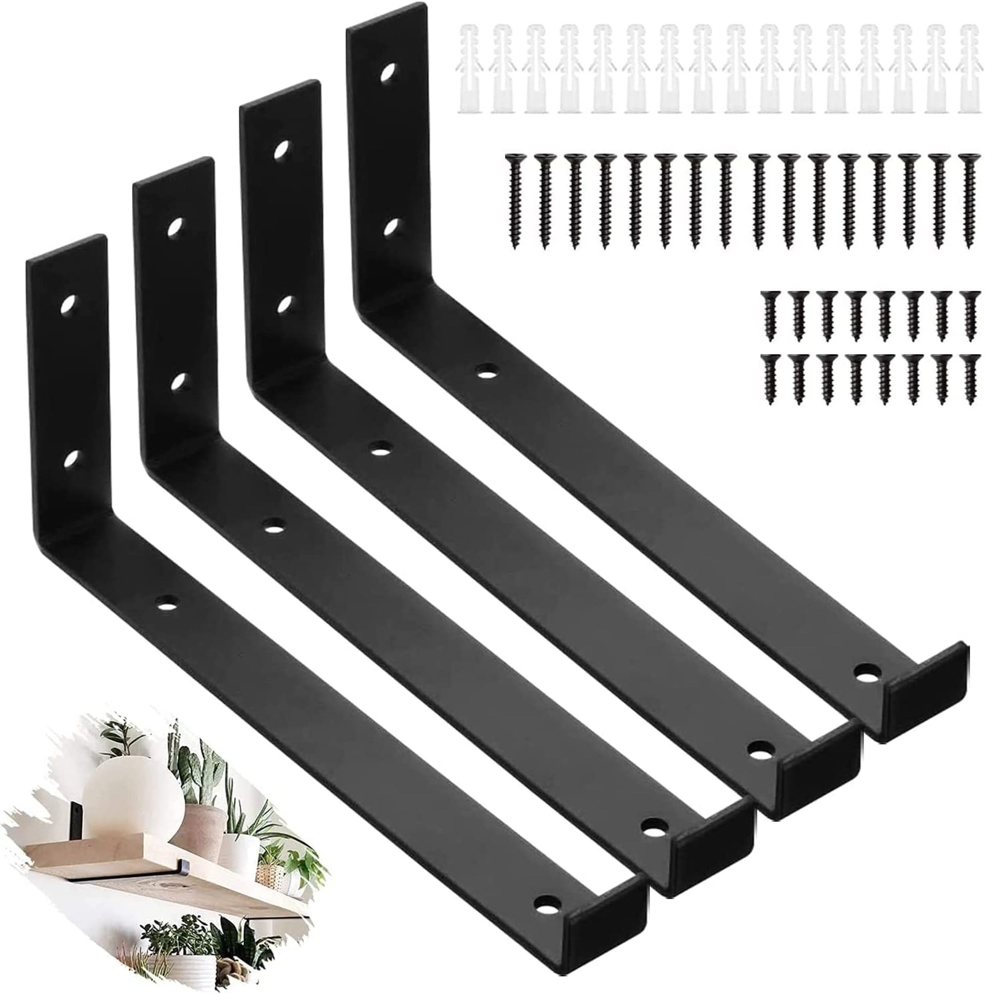 Heavy Duty Iron Shelf Brackets Industrial L Shape with Screws & Anchors 110lb Capacity - Black 9 Inch 4 Pack
