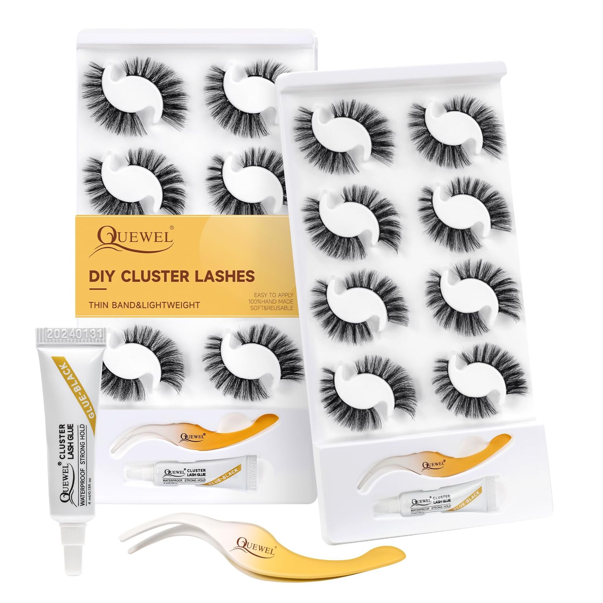QUEWEL Cluster Eyelash Extensions Kit - 8 Pairs Natural Look DIY Lashes with Applicator & Glue