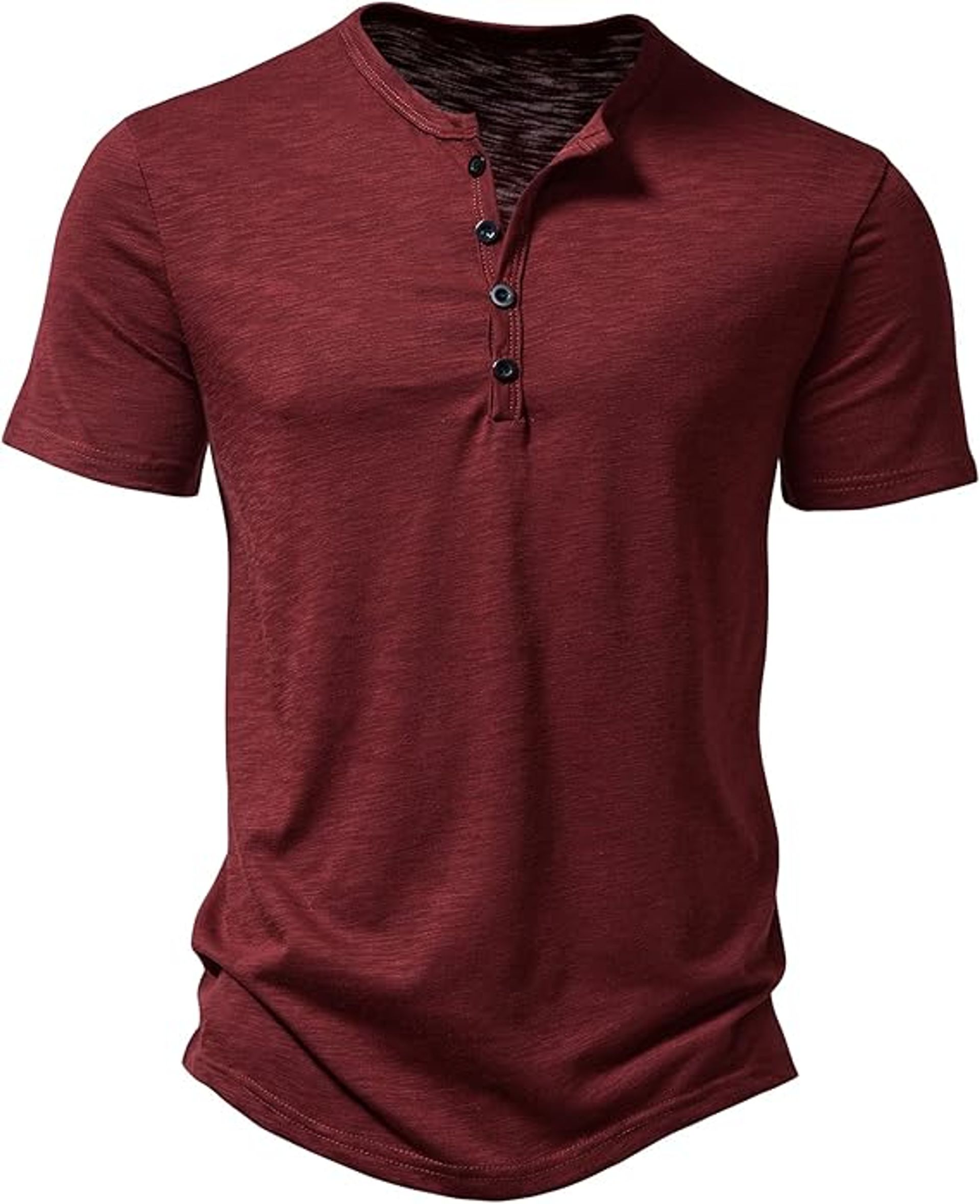 Men's Casual Henley T-Shirt Slim Fit Short Sleeve 4-Button Top - Burgundy Small
