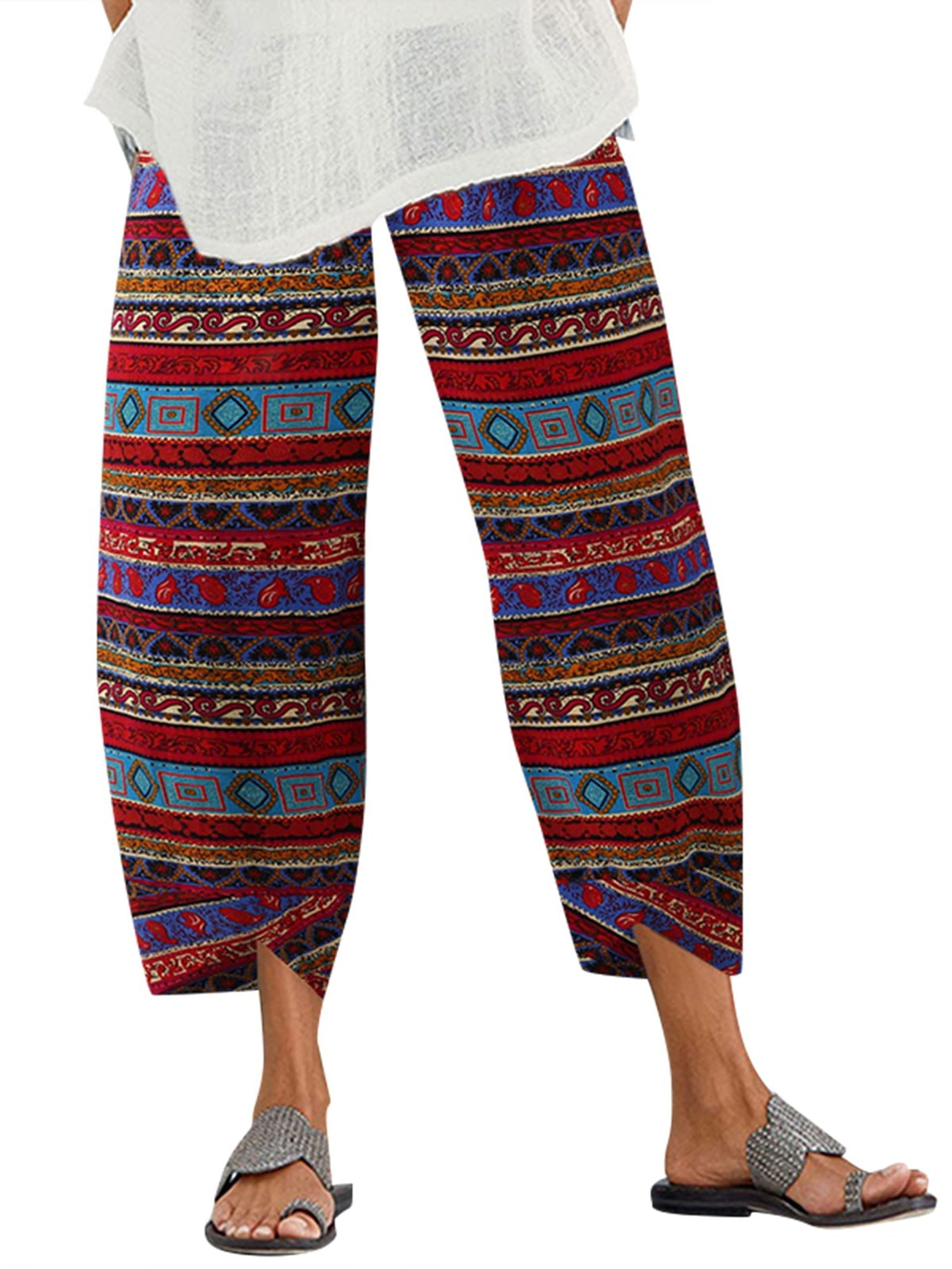 Women's Summer Harem Trousers Wide Leg Cotton Linen Yoga Pants with Pockets - Beta Red L