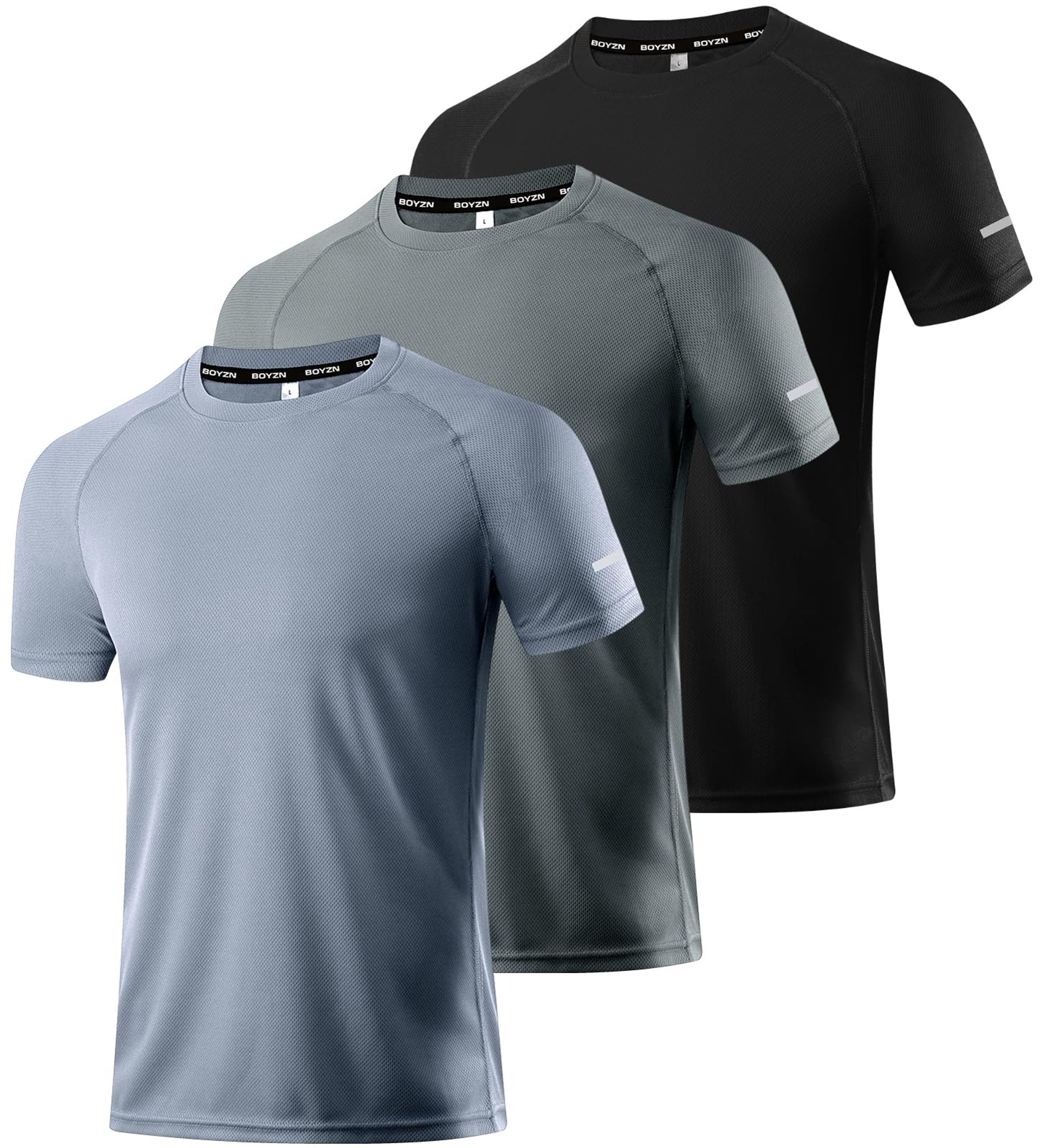 Men's 3 Pack Dry Fit Workout T-Shirts - Athletic Short Sleeve Gym Tops, Breathable Mesh, Quick-Dry Fabric - Black/Grey/Dark Grey 2XL