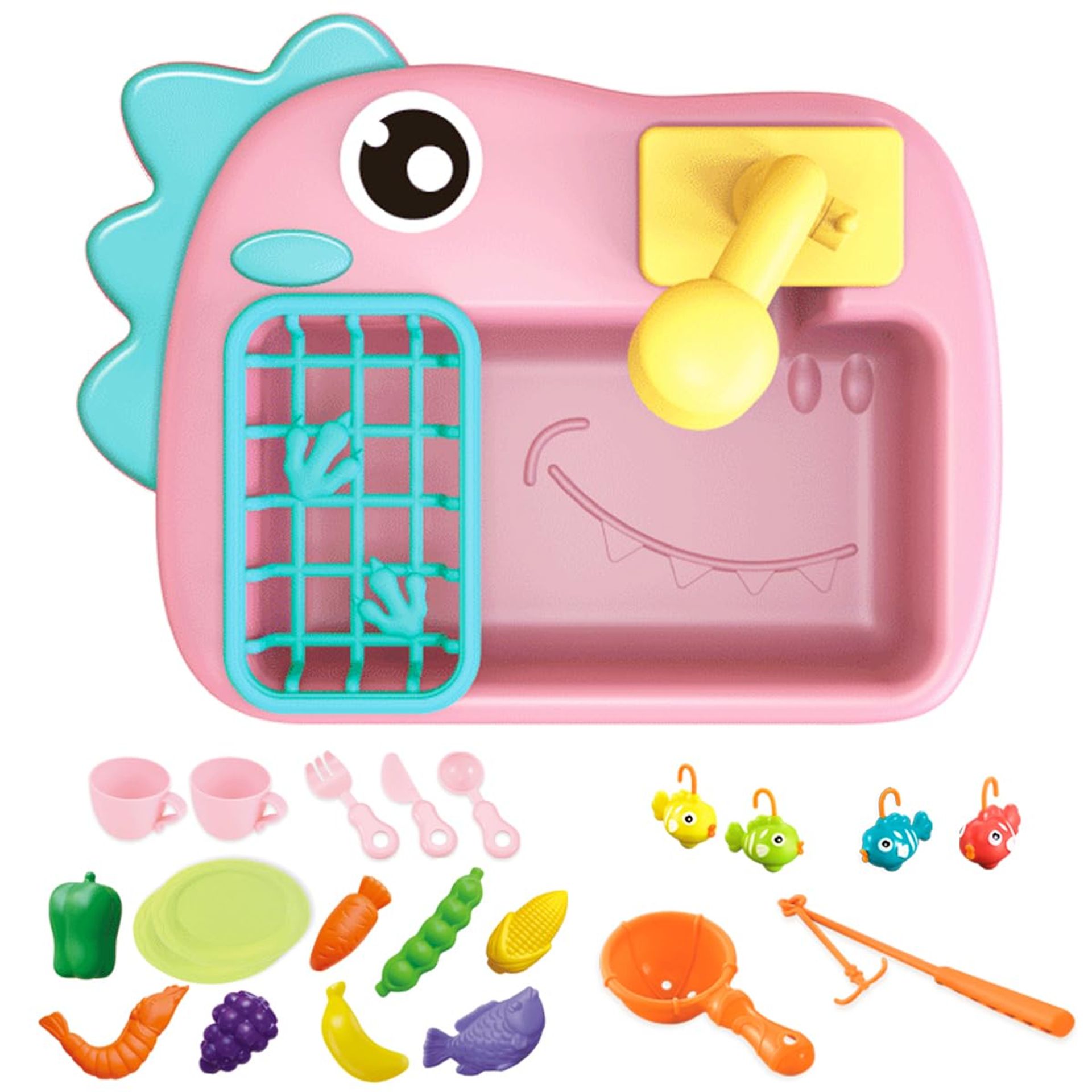 Kids Kitchen Sink Toy with Electric Faucet and Running Water Pretend Play Set - Pink Dinosaur Child-Size