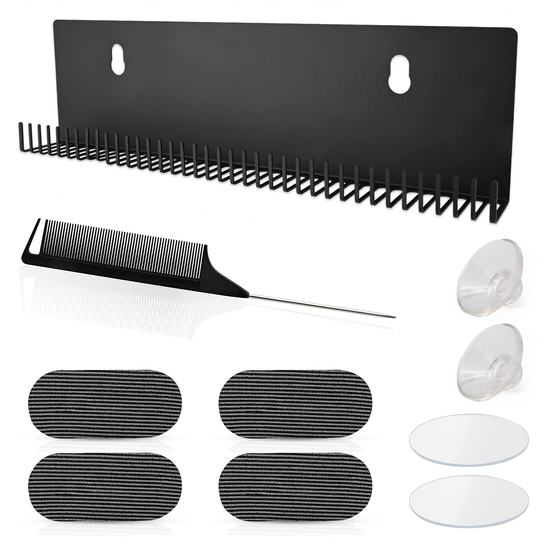 Hair Extension Holder Kit with Bangs Pad and Comb Wall‑Mounted Wig Display Rack Stainless Steel U‑Shape - Black Brown