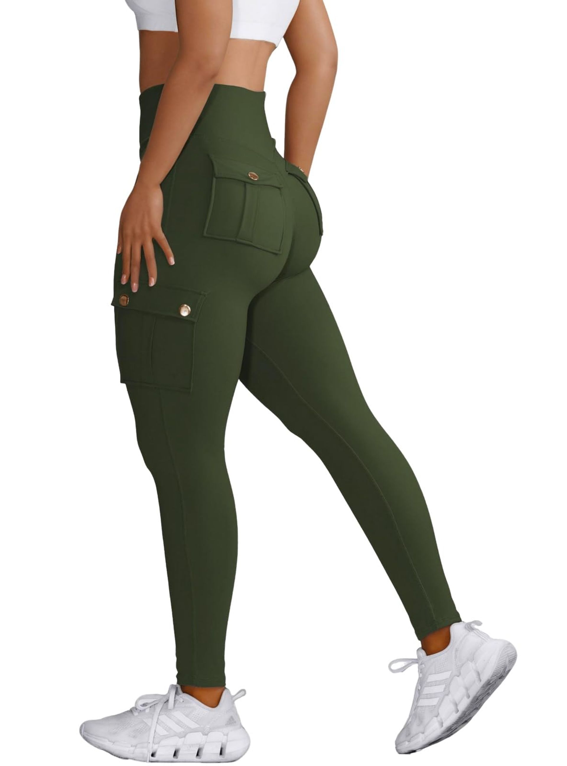 Women's Cargo Leggings with Pockets High Waisted Stretch 7/8 Length Yoga Running Gym Tummy Control - Dark Green XS