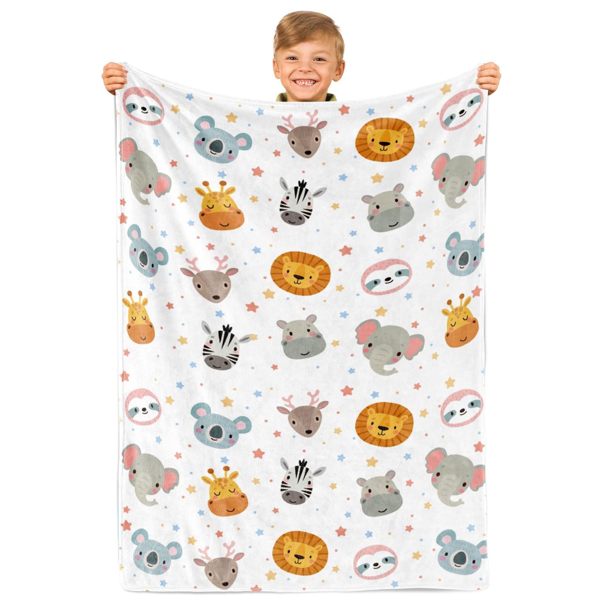 Animal Blanket for Kids, Safari Baby Blanket, Colorful Giraffe Elephant Lion Zebra Hippo Deer Koala Sloth Gift Blanket, Gift Blanket for Boys Girls, Birthday Gifts for Baby Newborn, 40" x 50"