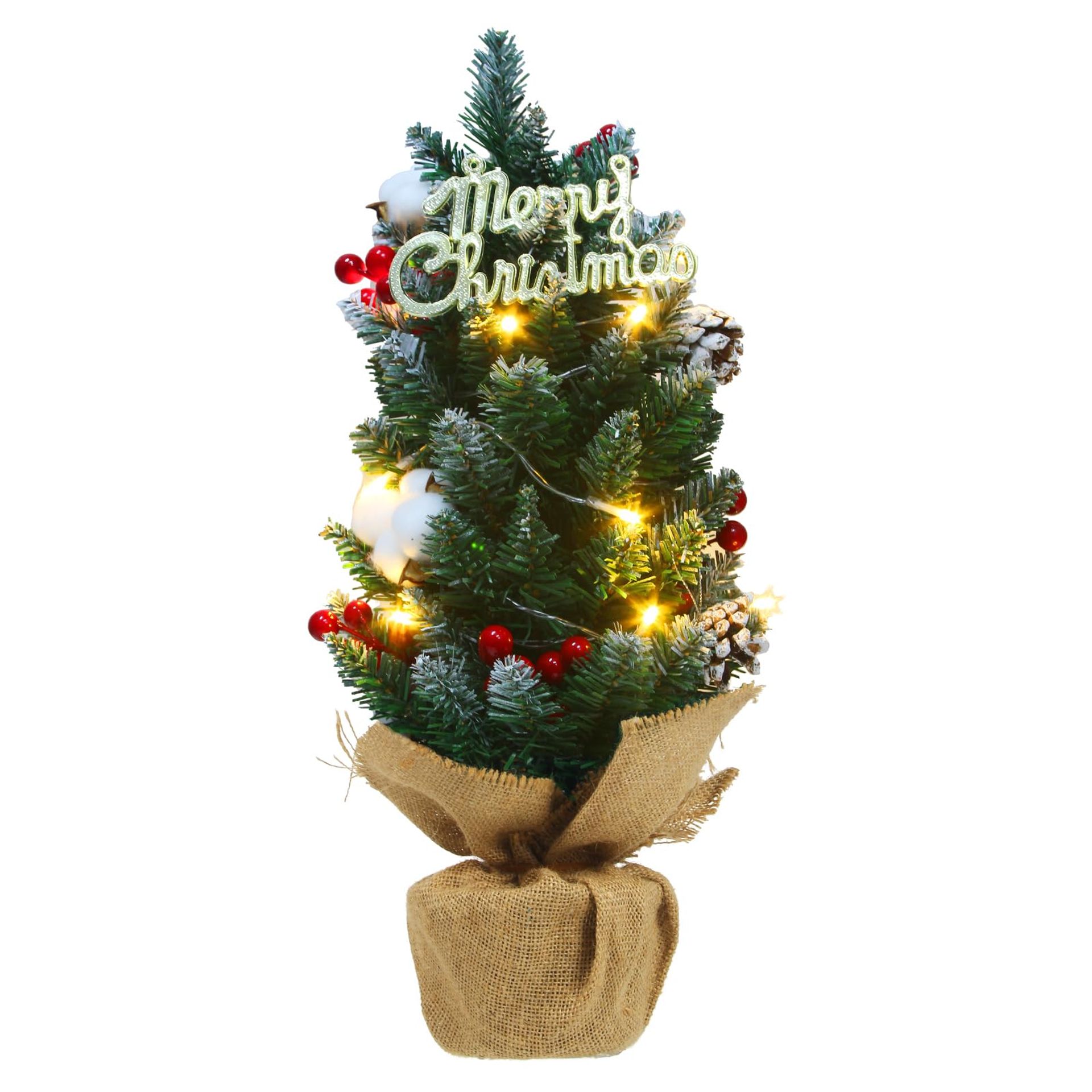 Veroda 22" Light-up Snow-Covered Tabletop Christmas Tree with Pine Cones & Hollies
