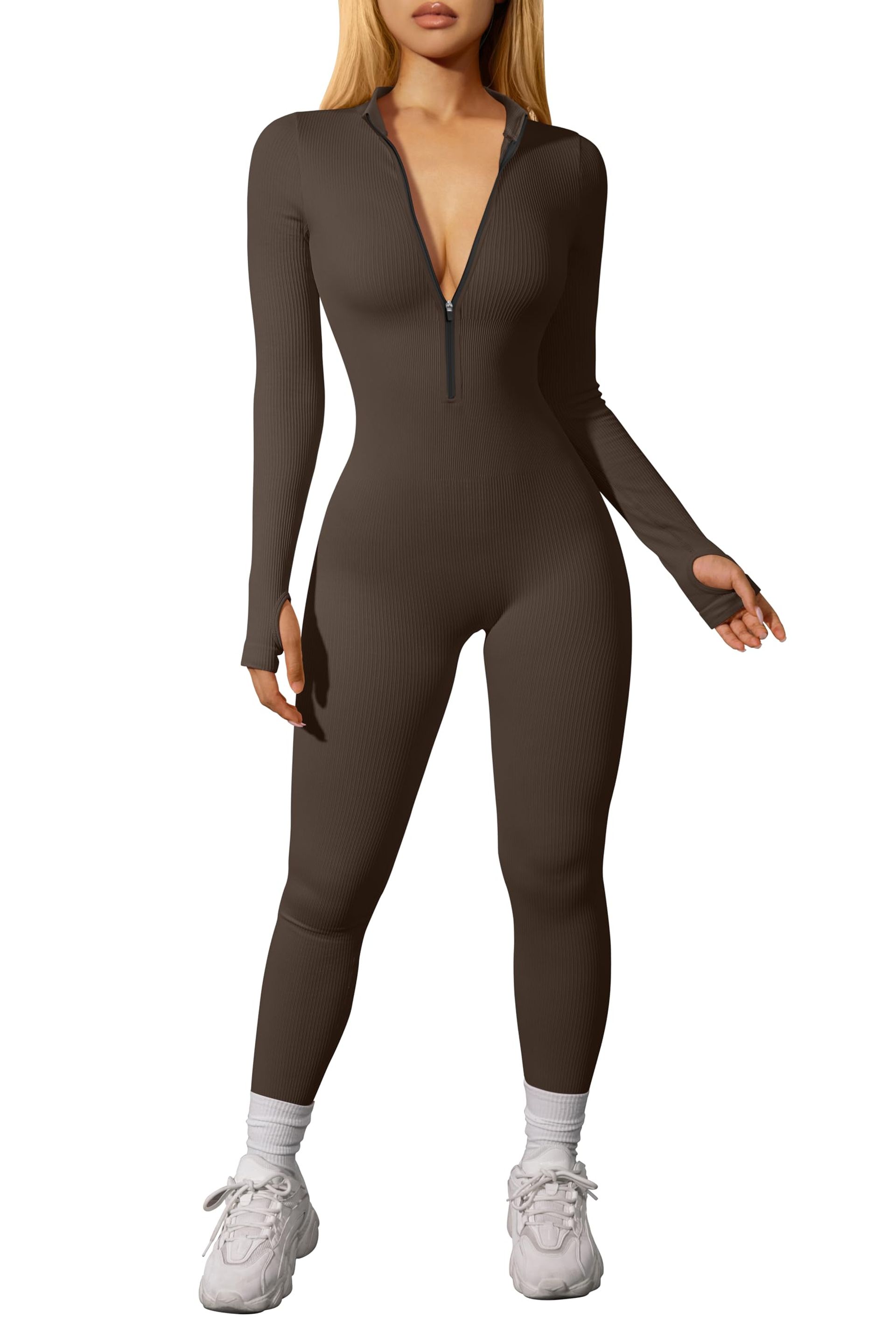 Women's One-Piece Sports Jumpsuit – Dark Brown Workout, Yoga & Casual Wear