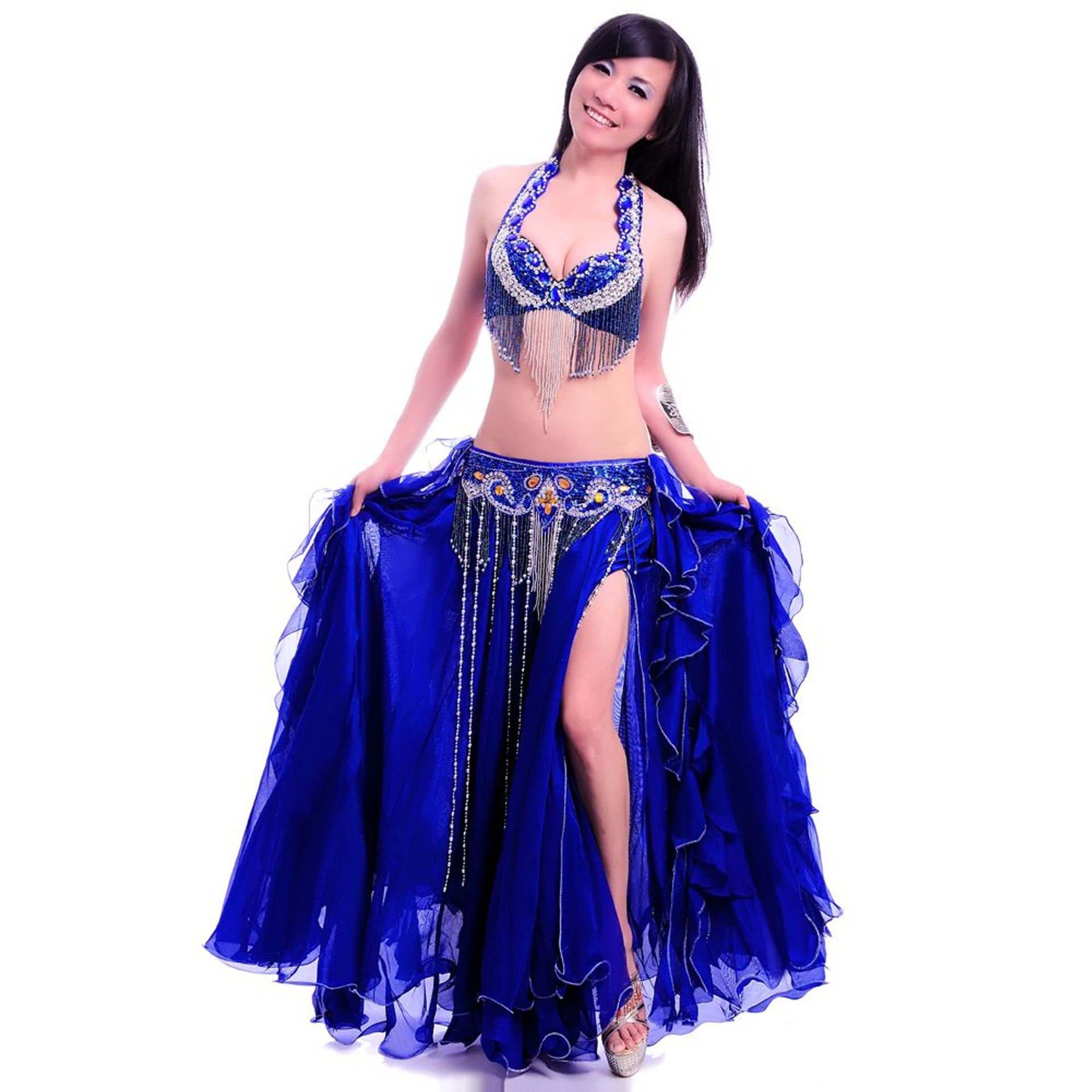 Elegant Belly Dance Costume Set With Rhinestone Bra & Slit Skirt - Multip