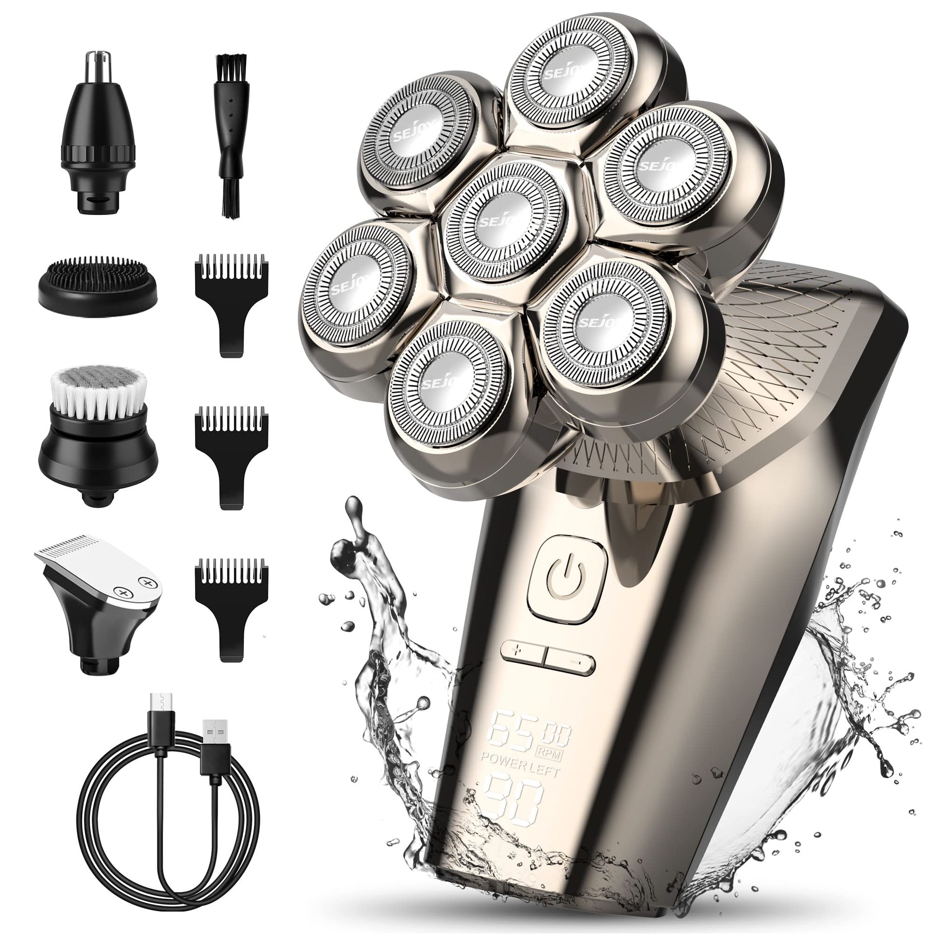 Head Shaver for Bald Men Electric Razor 5-in-1 Wet/Dry 7D Rotary Grooming Kit with Nose Trimmer & Massager - Silver 7D Alien - Valentines