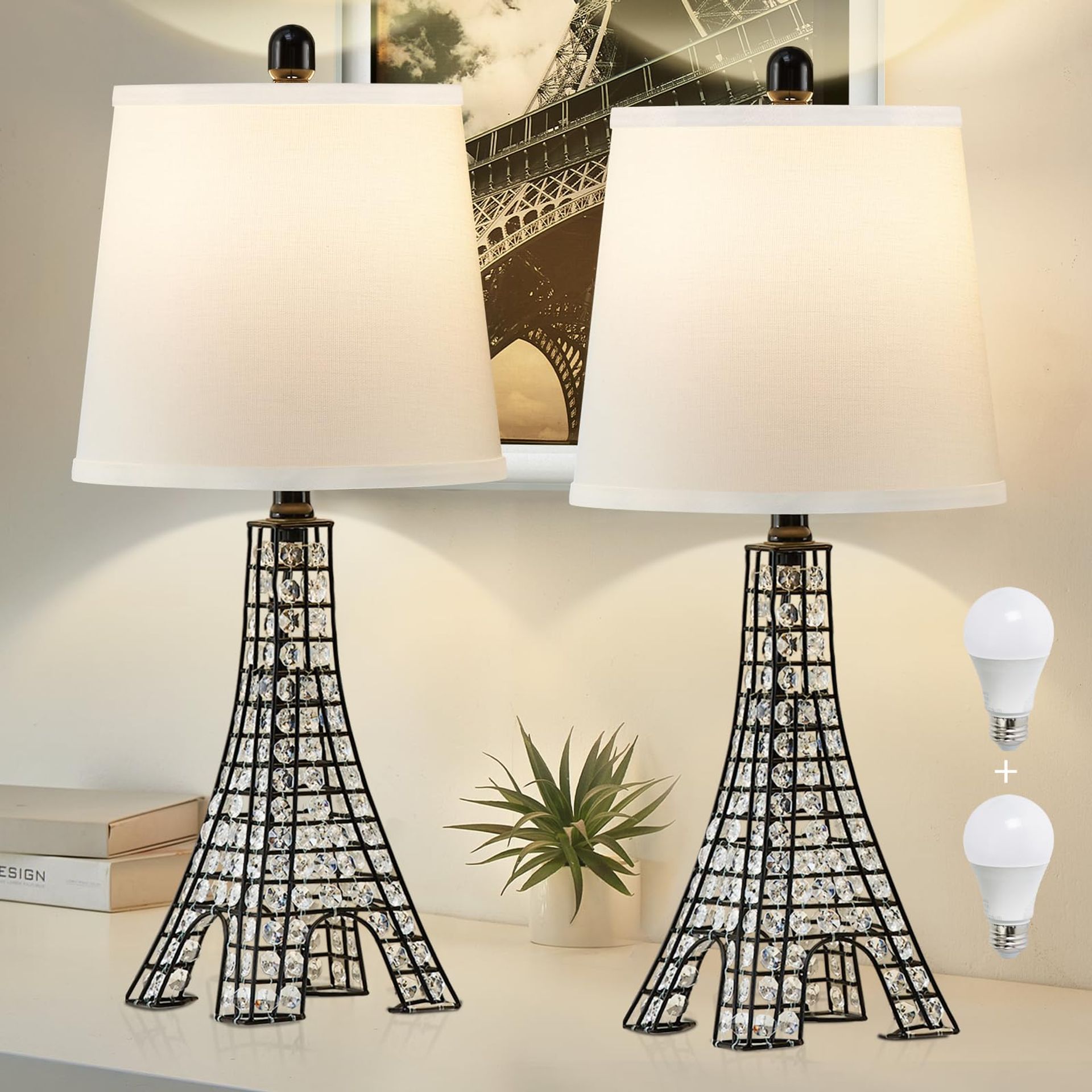 24" Crystal Table Lamps Set of 2 with Paris Tower Base - Black Modern Bedside & Living Room Lighting, 2 Bulbs Included