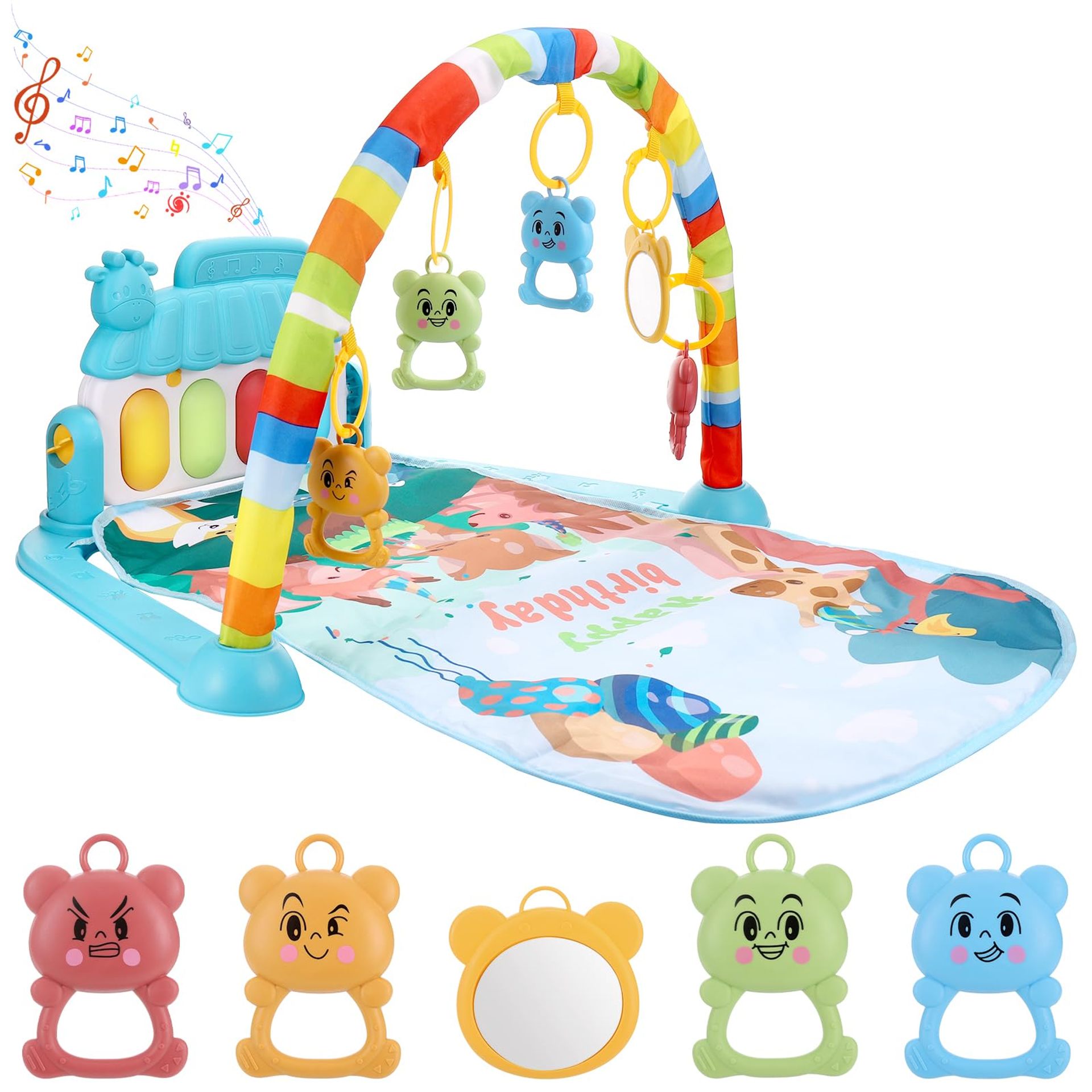 Baby Piano Play Gym Mat with Music, Lights & Detachable Toys for Early Development - Blue