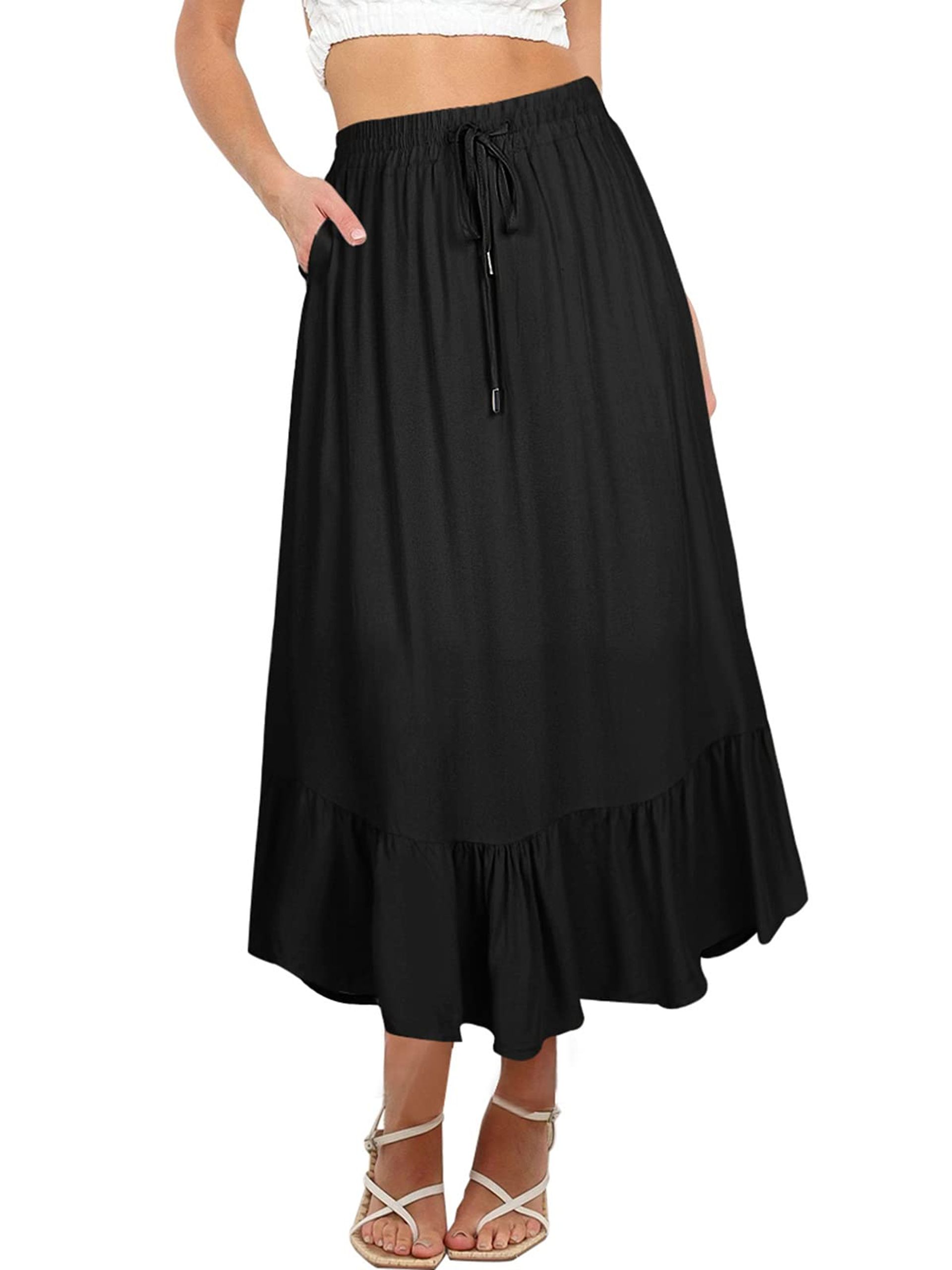 Women's High Waist Maxi Skirt with Pockets - Black A-Line Long Length XXL