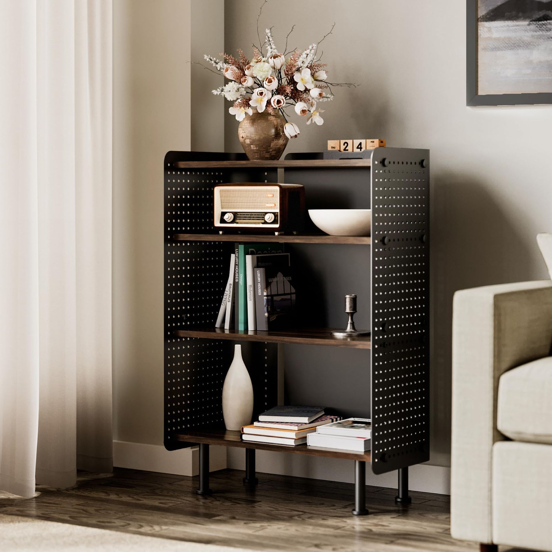 Bookshelf 4-Tier Open Bookcase with Pegboard Adjustable Display Rack for Home Office Living Room - Brown+Black 61.6×31.2×85.3cm