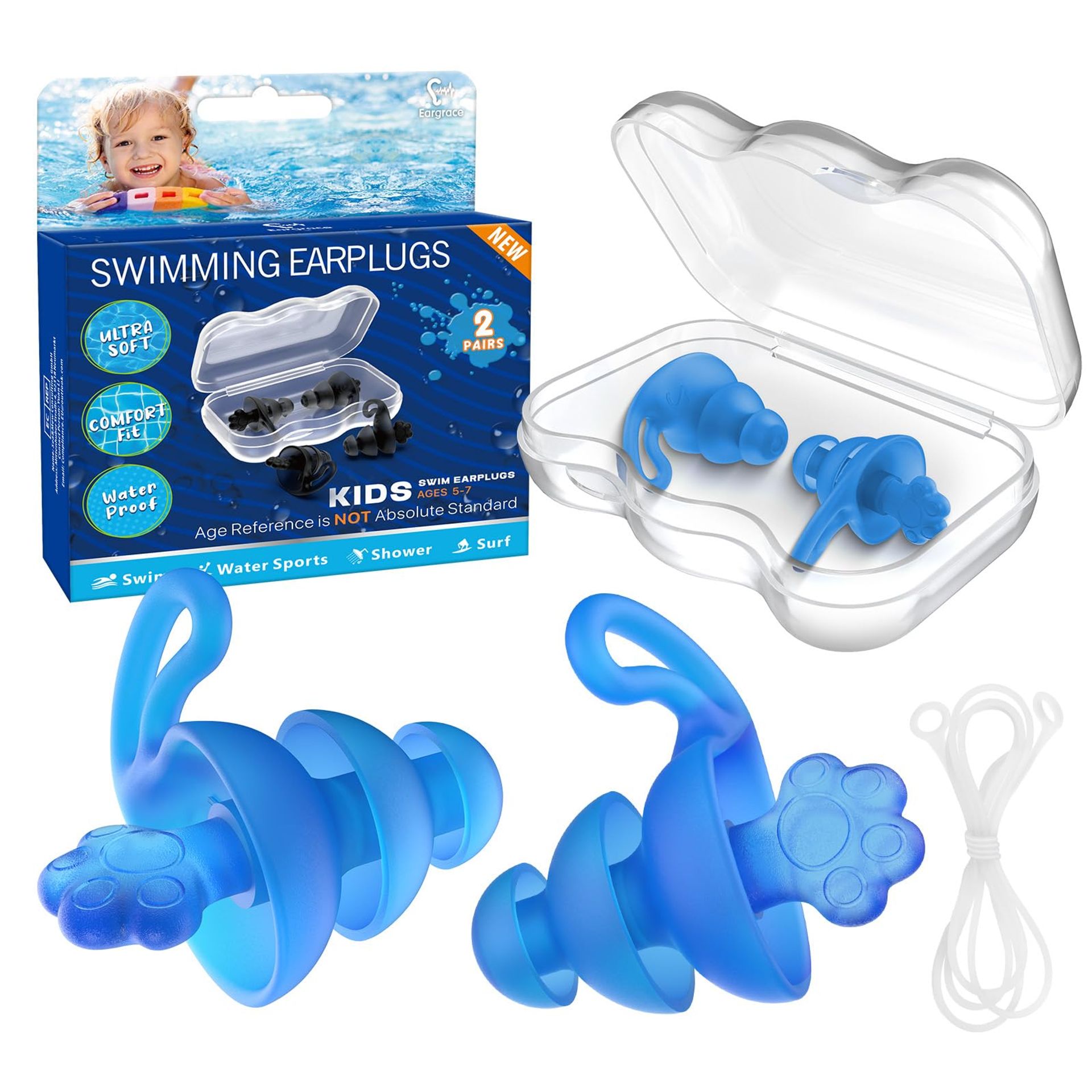 Kids' Waterproof Swimming Ear Plugs with Silicone Cord, 2 Pairs, Age 5-7 - Perfect for Bathing & Pool Fun