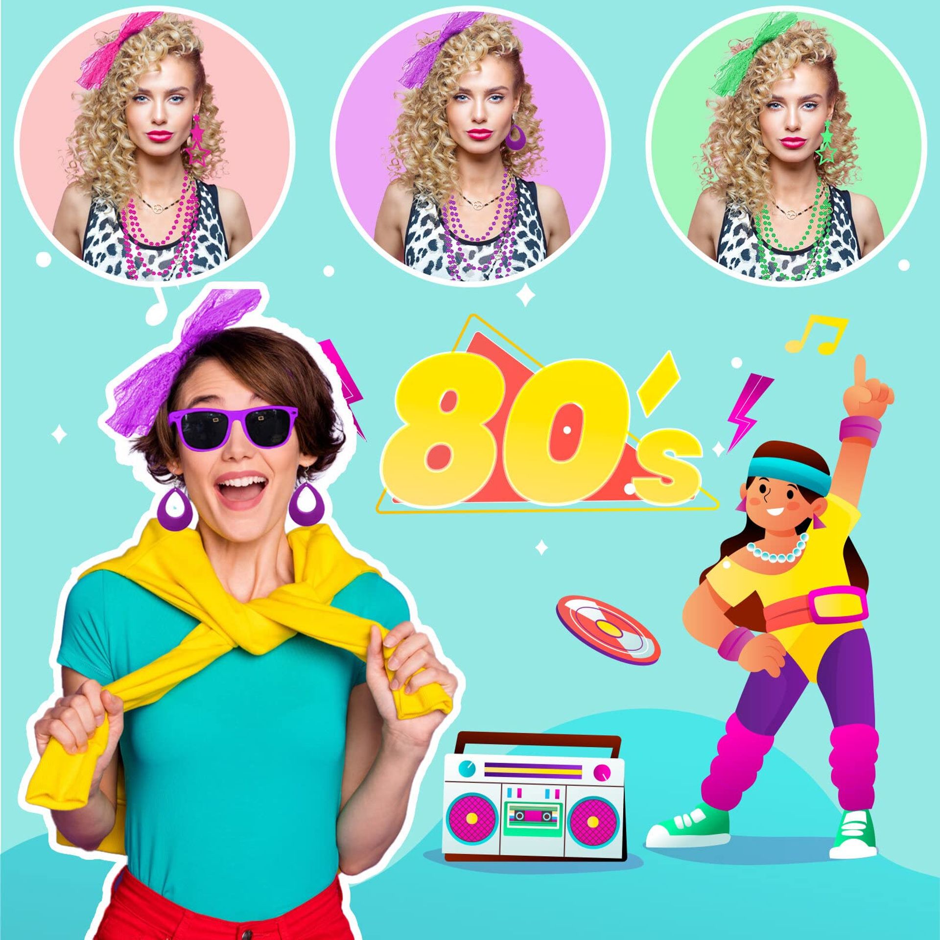80s Fancy Dress Accessories Set For Women - Neon Costume & Outfits For Gi