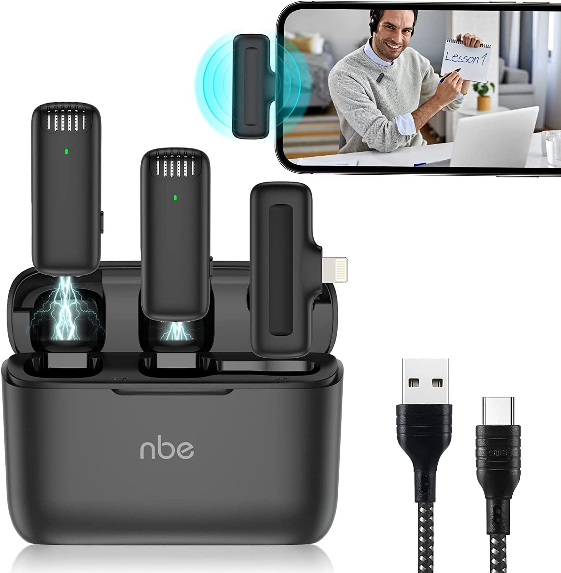 Dual Wireless Lavalier Microphones with Charging Case 10-Hour Battery for iPhone, Vlogging & Live Streaming - Black iOS