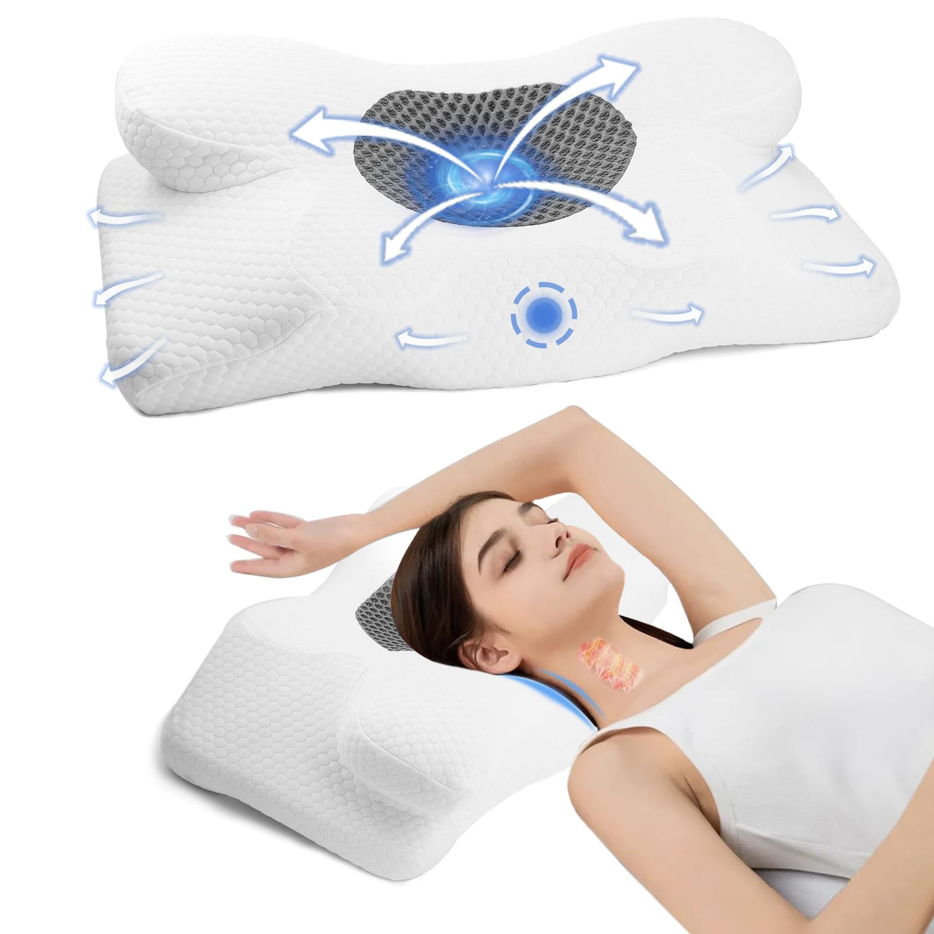 Orthopaedic Memory Foam Cervical Contour Pillow Ergonomic Neck Support for Side & Back Sleepers, Removable Washable Cover - White One Size