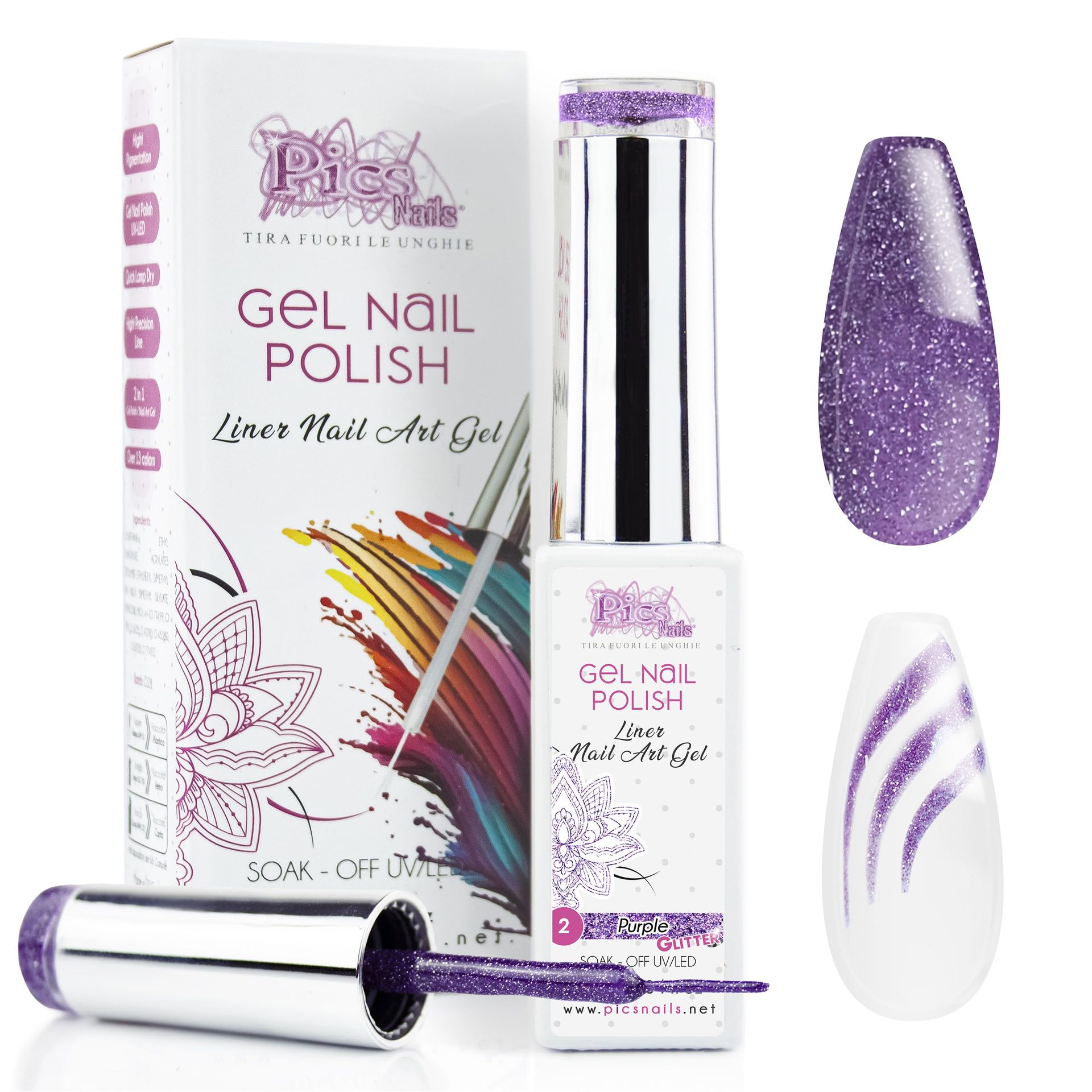 Purple Glitter Gel Nail Polish 10ml - High Precision Brush for Nail Art & French Manicure