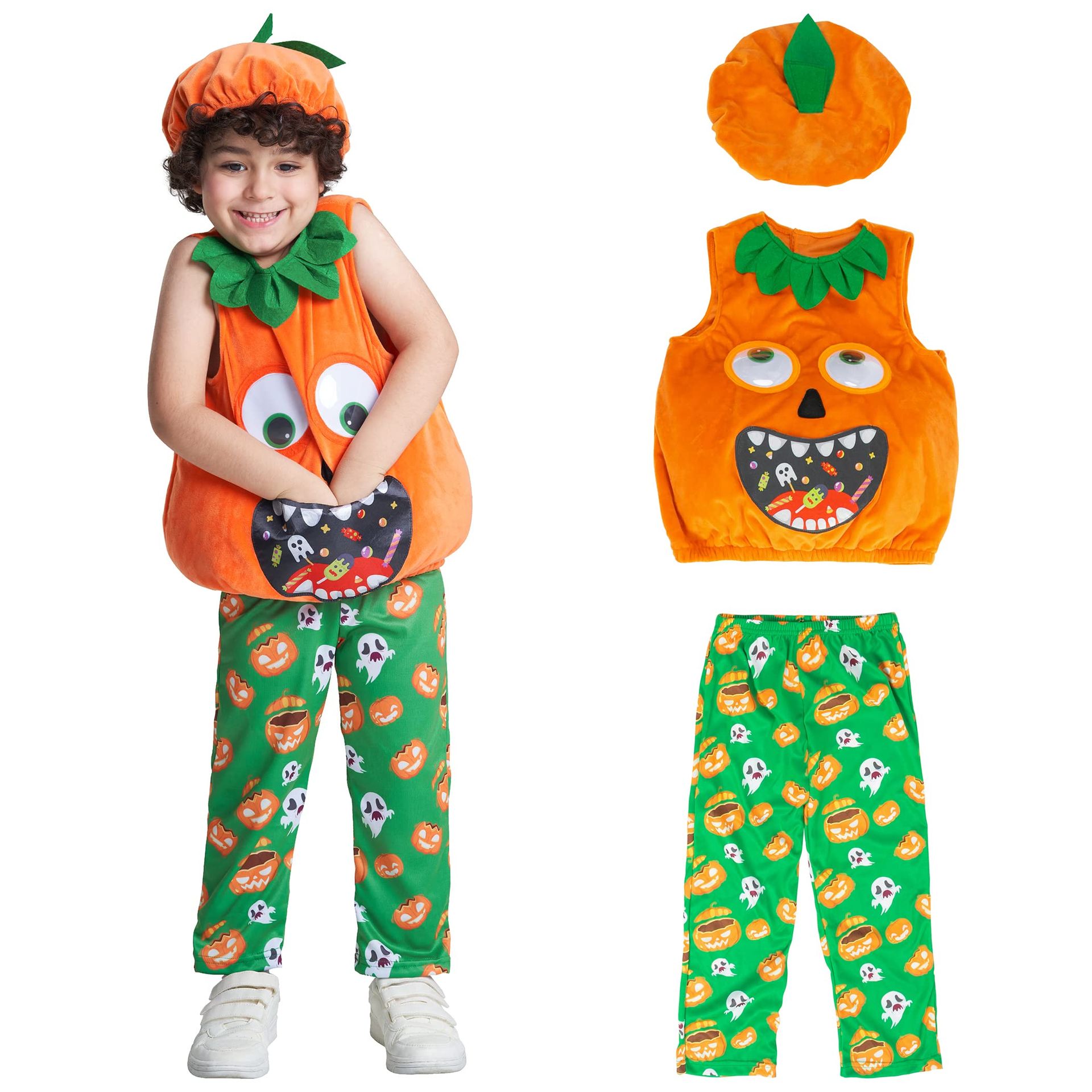 Toddlers Pumpkin Fancy Dress 3 Piece Costume Set with Ghost Face Vest Hat & Pants for Halloween Parties - Pumpkin Suit 2 Years
