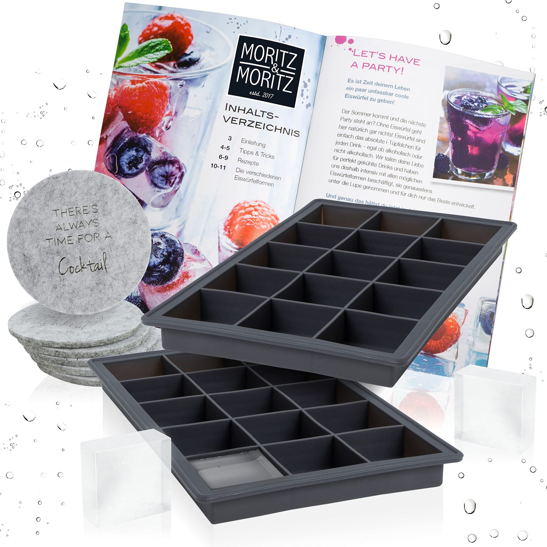 Moritz & Moritz Silicone Ice Cube Moulds - 2 x 15 Square Trays with Coasters & Recipe Book