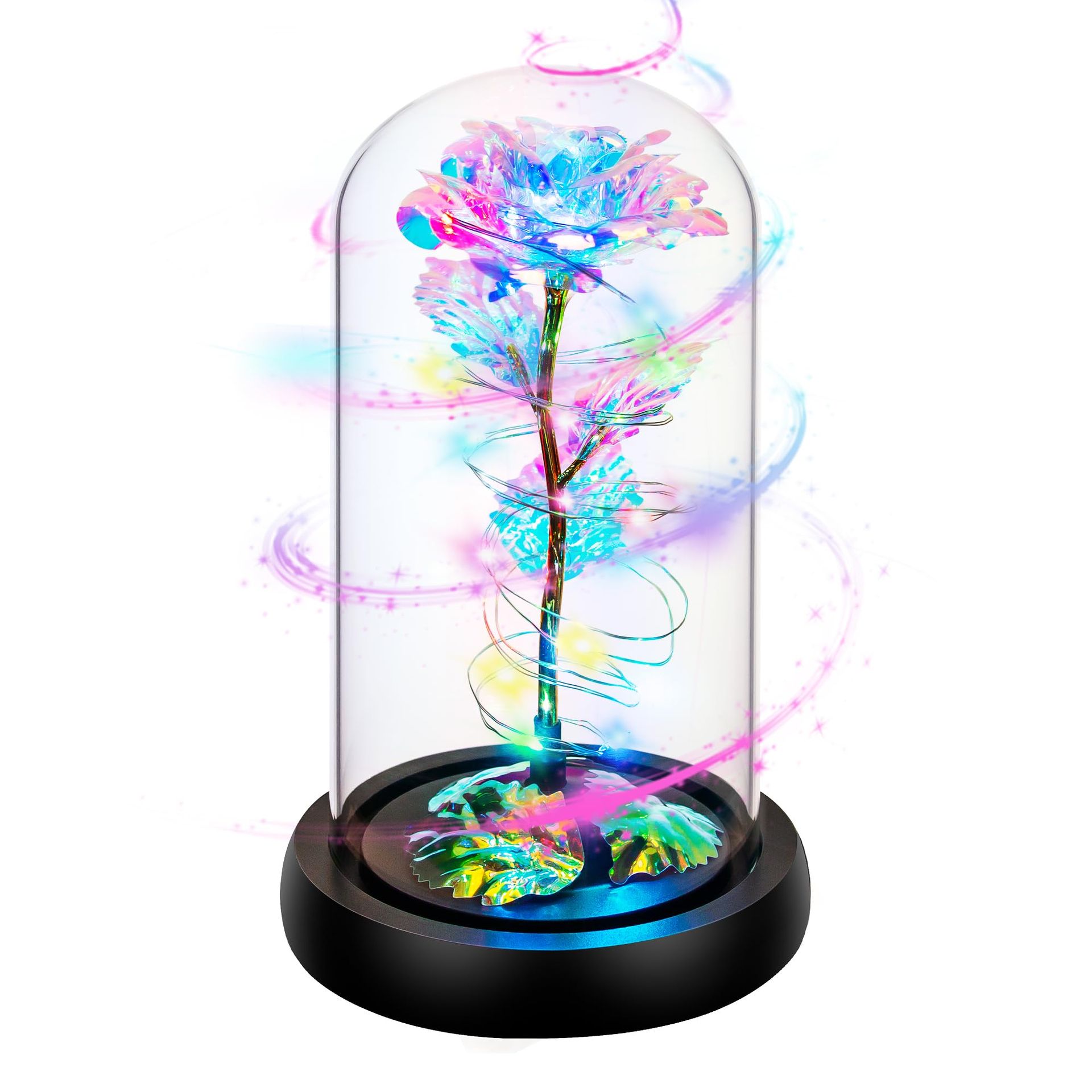 Light Up Rose in Glass Dome LED Rotating Flower Gift for Women Weddings Anniversaries Home Décor - Rotating Colorful