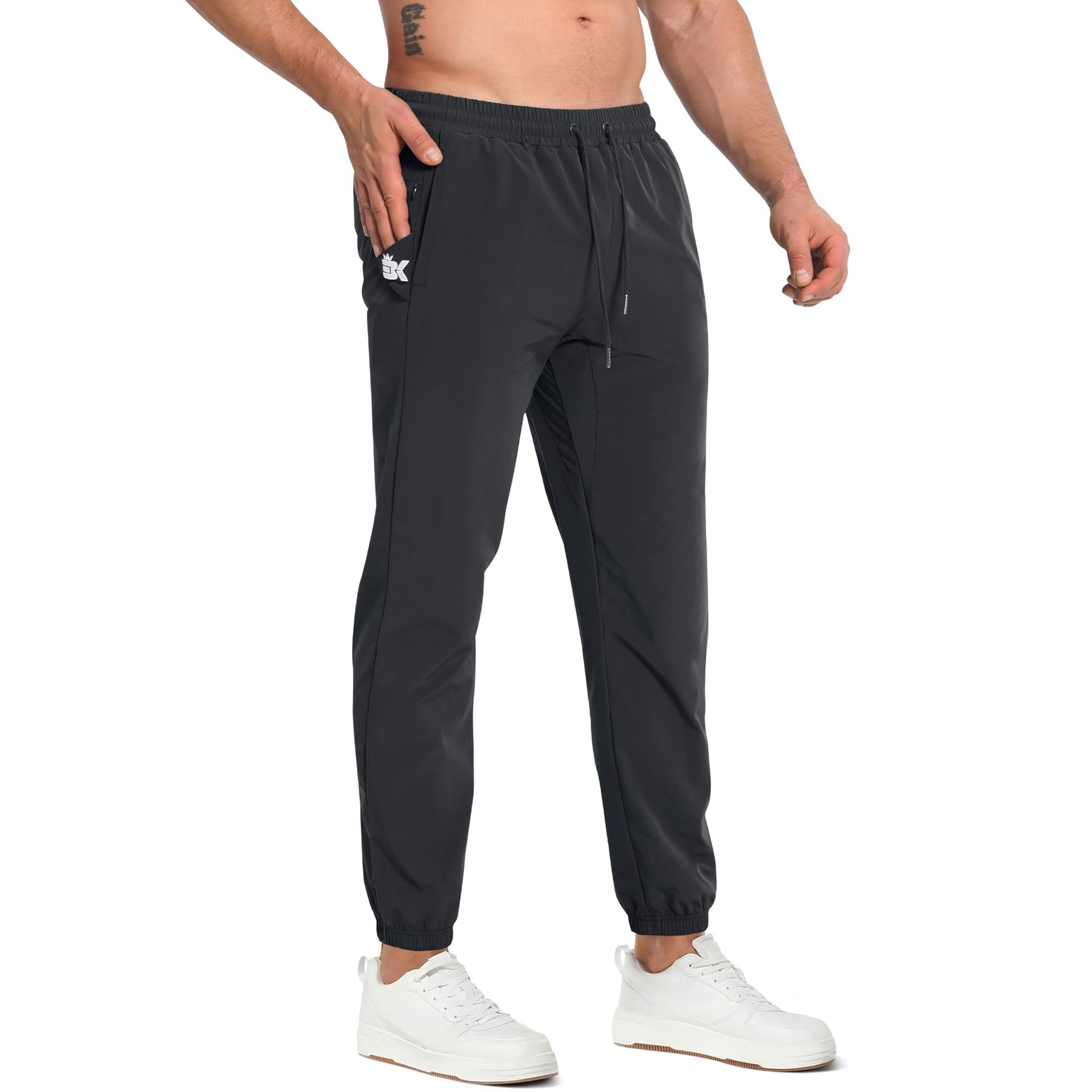 Men's Sidzip Gym Tracksuit Bottoms Lightweight Running Workout Trousers with Zip Pockets - Black Large
