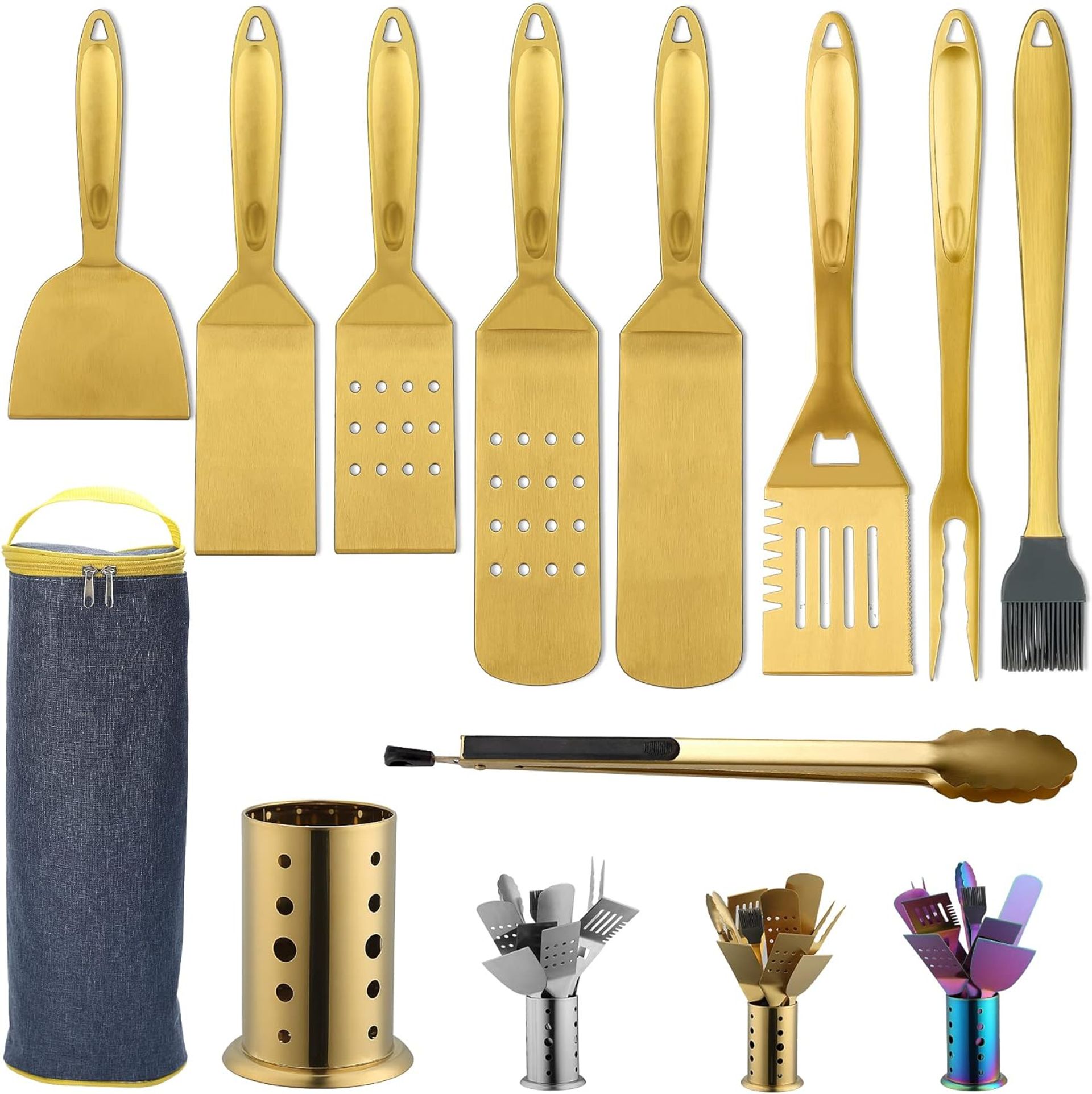 BBQ Tools Set 10-Piece Stainless Steel Heat-Resistant Utensils with Holder - Gold