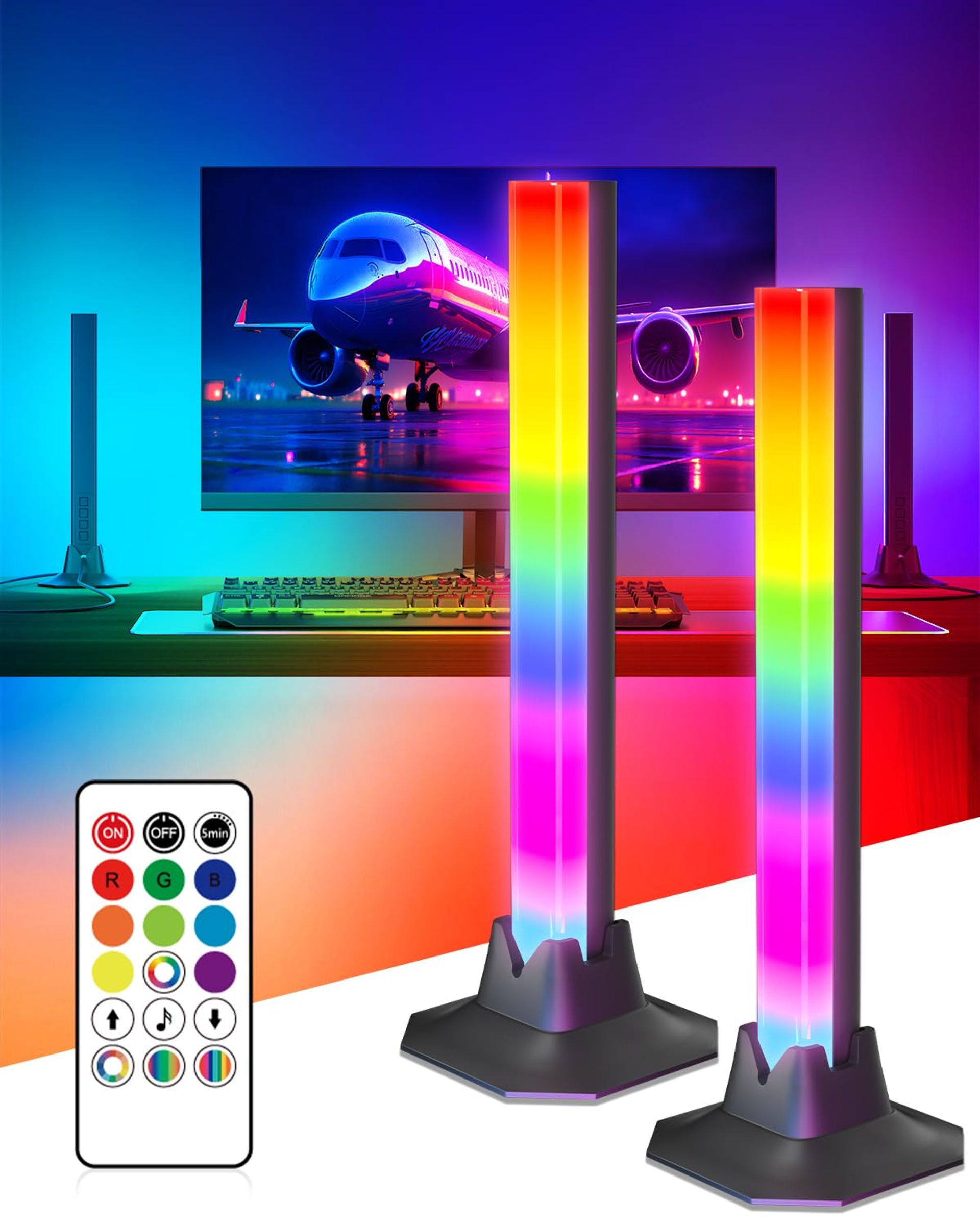 RGB IC LED Lightbar, 5W Music Sync Light with Remote, 16 Million Colours, 8 Dynamic Modes, 2 Pack